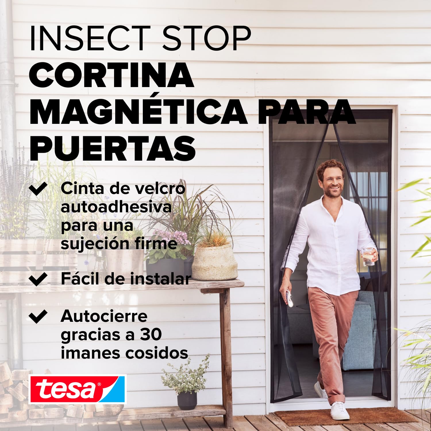 tesa Insect Stop - Cortina Mosquitera Magnética con Cierre Automático - Malla Protectora Contra Insectos para Puertas de Balcón y de Patio - Fácil Instalación sin Taladrar - 2,4 m x 1,2 m