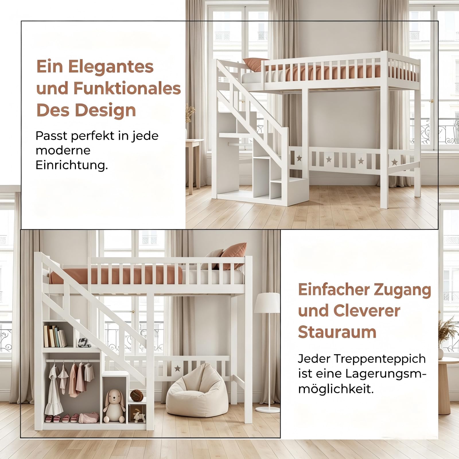 Kinderbett Etagenbett 90x200, Hochbett Hausbett mit Treppe, Staurau, Gitter und Rausfallschutz, Doppelbett Stockbett Spielbett Kinderhochbett mit Lattenrost für Mädchen Junge (Weiß, 90x200 cm)