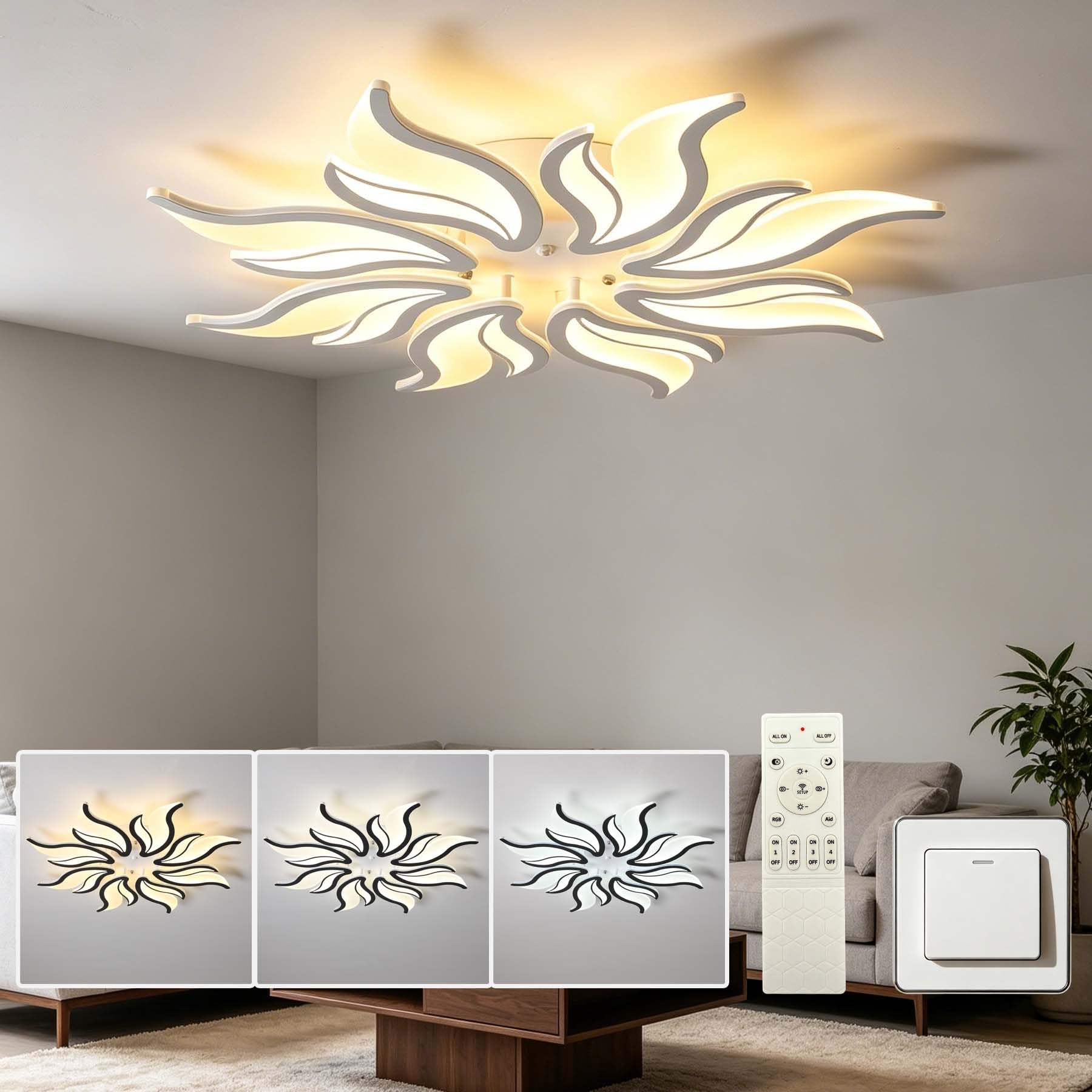 Modern LED ceiling light Γ80cm - 60W dimmable ceiling lamp with night light function floral design remote control made of aluminum and acrylic for living room bedroom dining room (White, Γ80cm)