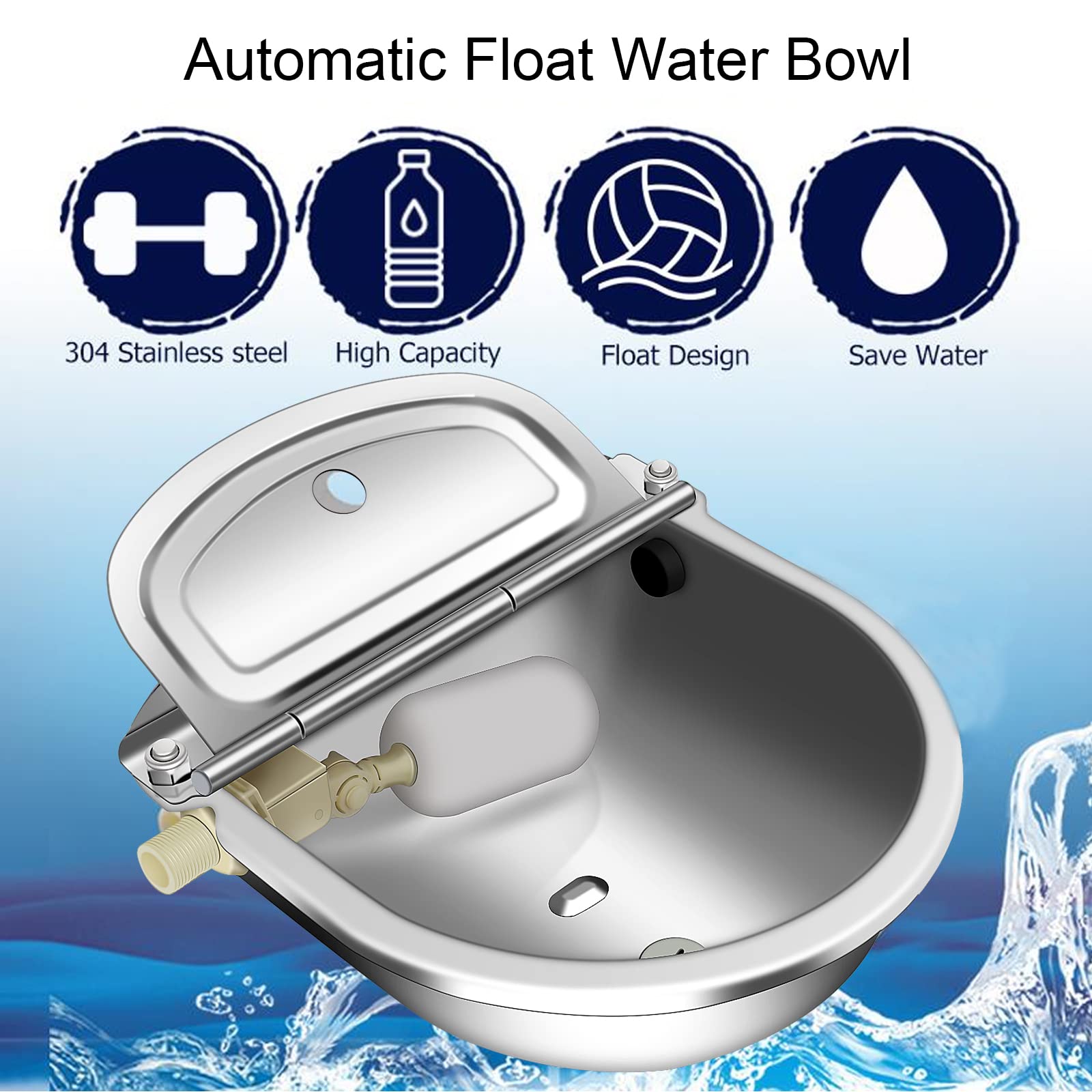 Abbeveratoio automatico per bestiame in acciaio inox 304 per cane, capra, maiale, abbeveratoio con 2 valvole galleggianti, tubo dell'acqua da 99 cm, connettore da 3/4"