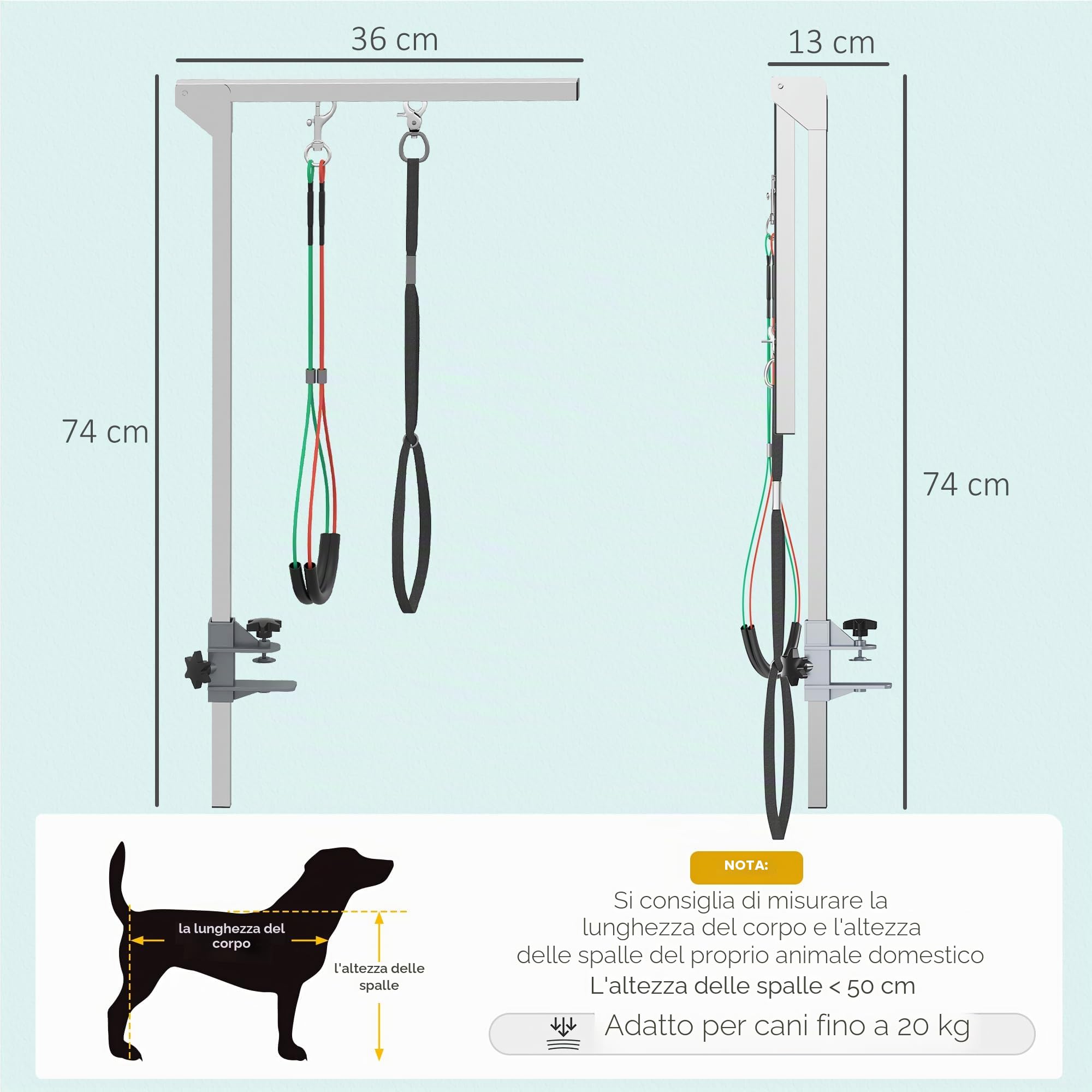 PawHut Braccio per toelettatura Pieghevole per Animali Domestici in Acciaio Inossidabile con Collare di serraggio per Cani di Grandi e Piccole, Altezza Regolabile Max. 74 cm