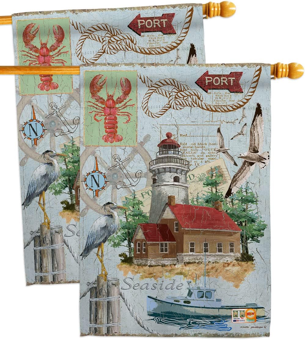 Seaside Lighthouse House Flags 2 pcs Pack Coastal Nautical Anchor Sailor Sea Shells Outdoor Summer Ocean Small Decorative Gift Yard Banner Double-Sided Made In USA 28 X 40