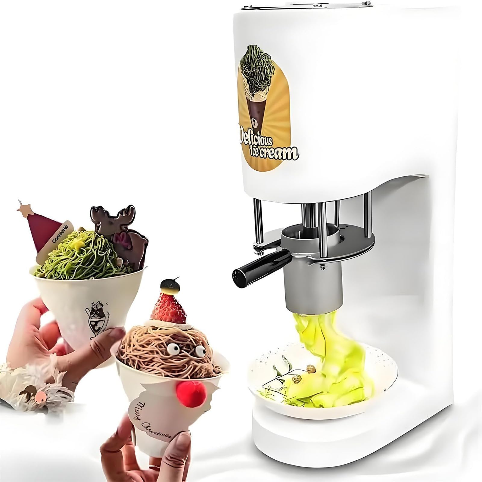 LYJIANGXIN Commercial Ice Cream Spaghetti Machine, 80W Electric Noodle Ice Cream Maker with 4 Interchangeable Molds, High Capacity Soft Serve Dessert Machine for Cafés & Restaurants