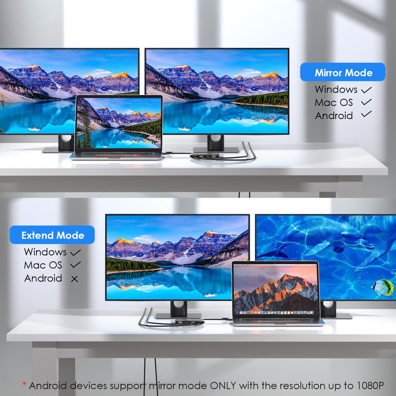 WAVLINK DisplayLink Adaptateur USB 3.0 ou USB C vers DisplayPort HDMI, Double hub de Moniteur 5K/4K @ 60 Hz 4 en 1 pour Windows et Mac, Compatible avec Le Nouveau MacBook Neo - Noir