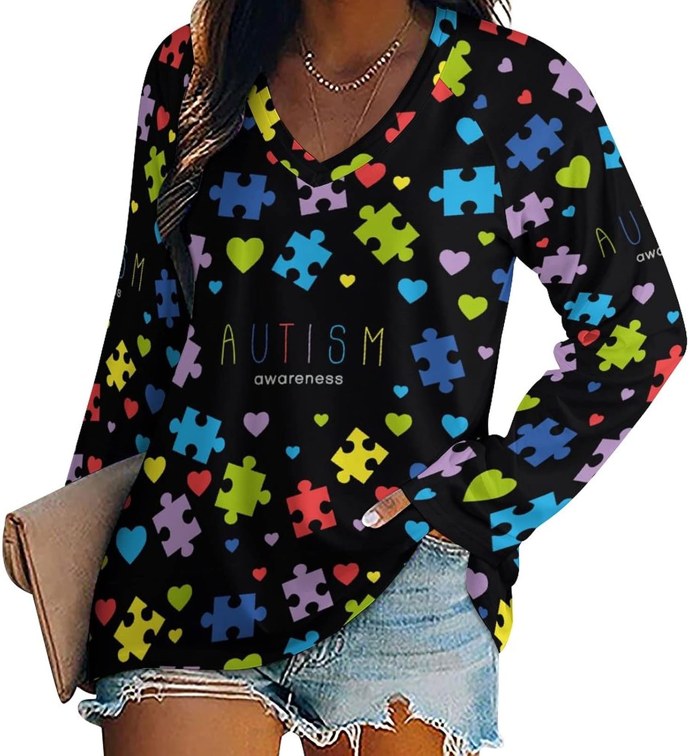 Autism Awareness Women's Long Sleeve Shirts V Neck T-Shirt Casual Loose Tops for Women