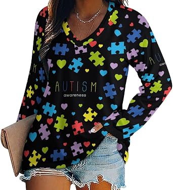 Autism Awareness Womens Long Sleeve Shirts V Neck T-Shirt Casual Loose Tops for Women