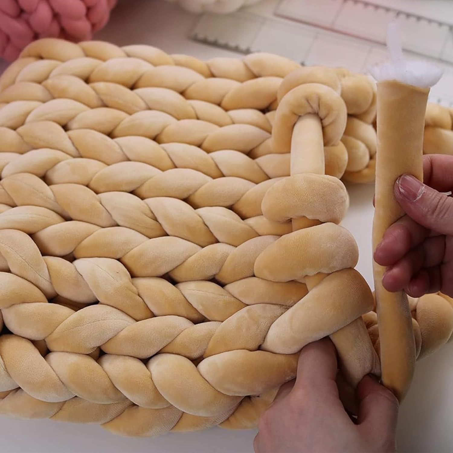 Velvet Chunky Yarn Bulky Tube Yarn for Hand Knitting Blanket for Braided Knot, Giant Arm Knitting Yarn for Knitting Throw Rugs Pillow(Khaki 2.2lb)