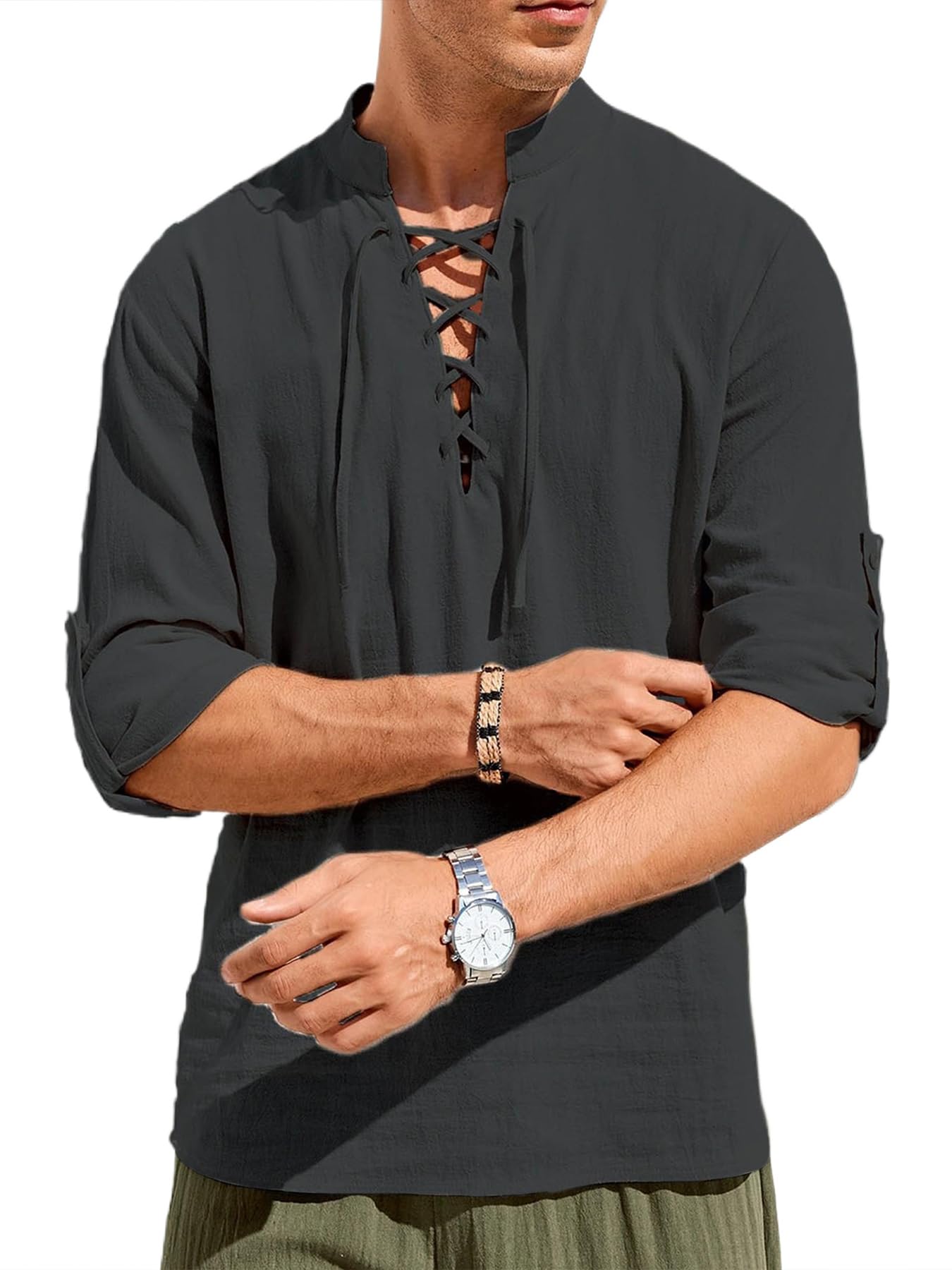 Men's Summer T-Shirt V-Neck Drawstring Tied Collar Long Sleeve Fashionable Men's Clothing Mens Beach Holiday Top