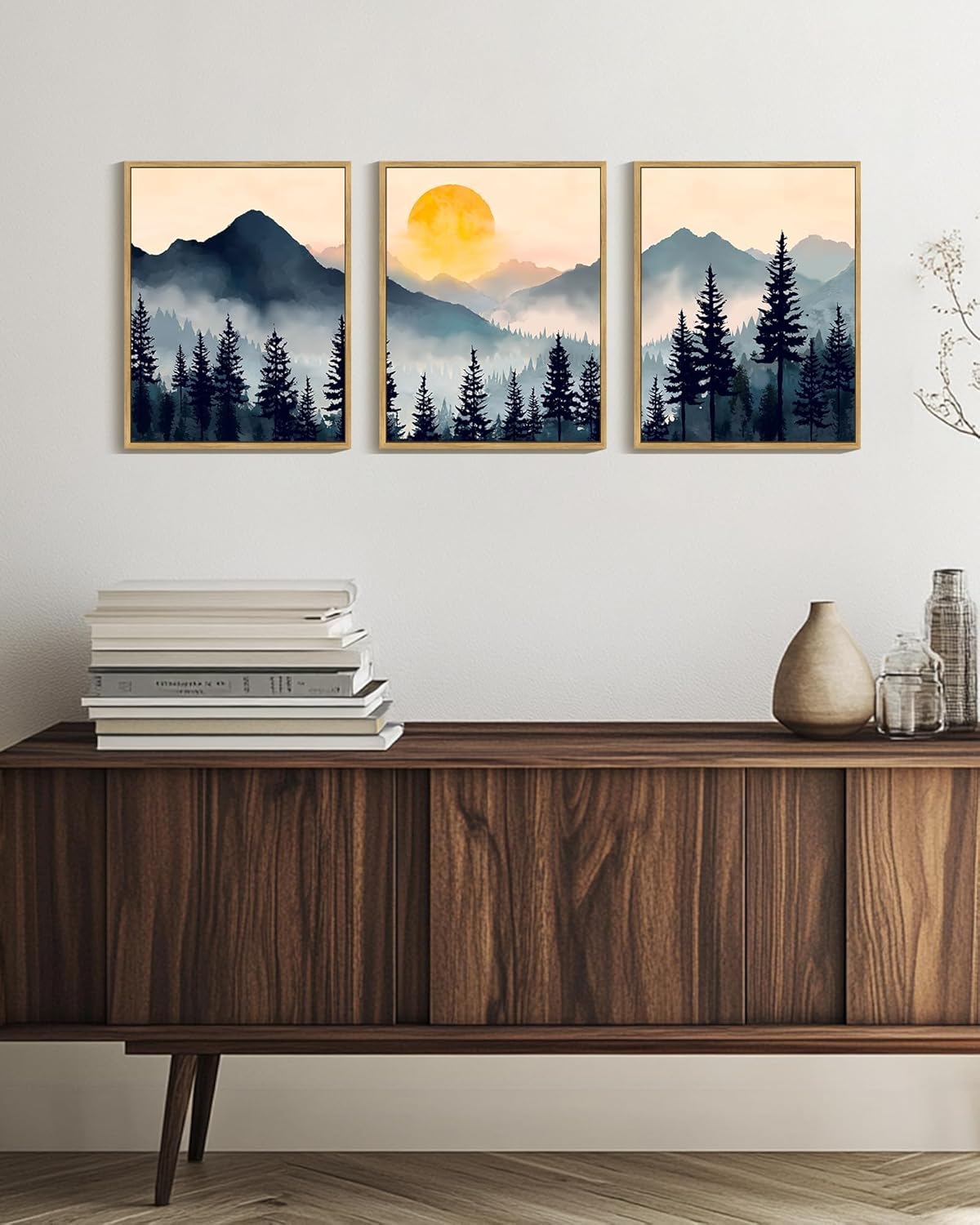 PHOPAGO Blue Fog Pine Tree Mountain Landscape Framed Wall Art Retro Watercolor Nature Misty Forest Artwork Paints Sun Rise Rustic Farmhouse Home Decor - 11x14in Natural Framed