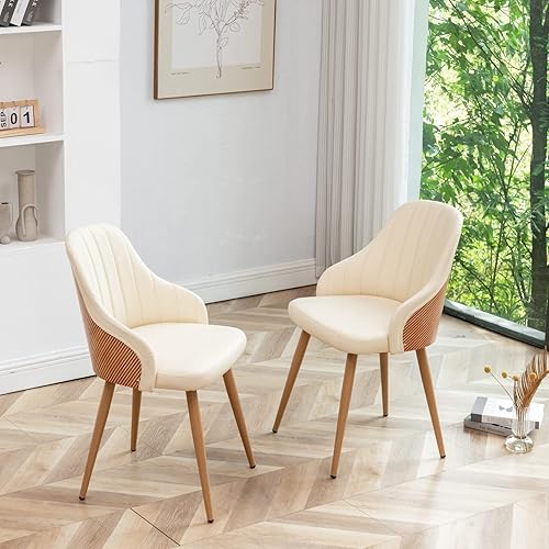 Miniatura 6 de YOUUGIOR Sillas de comedor modernas sillones de cuero tapizados de mediados de siglo silla lateral de ocio con patas de metal y respaldo de bambú