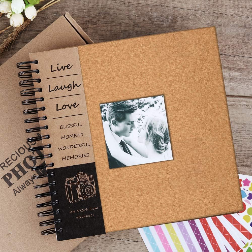 Photo Album 80 Pages Scrapbook Album Linen Hardcover Black Page with DIY Scrapbook Kit Anniversary Wedding Family Baby Vacation Photo Album 10 x 10 Inch(Brown)