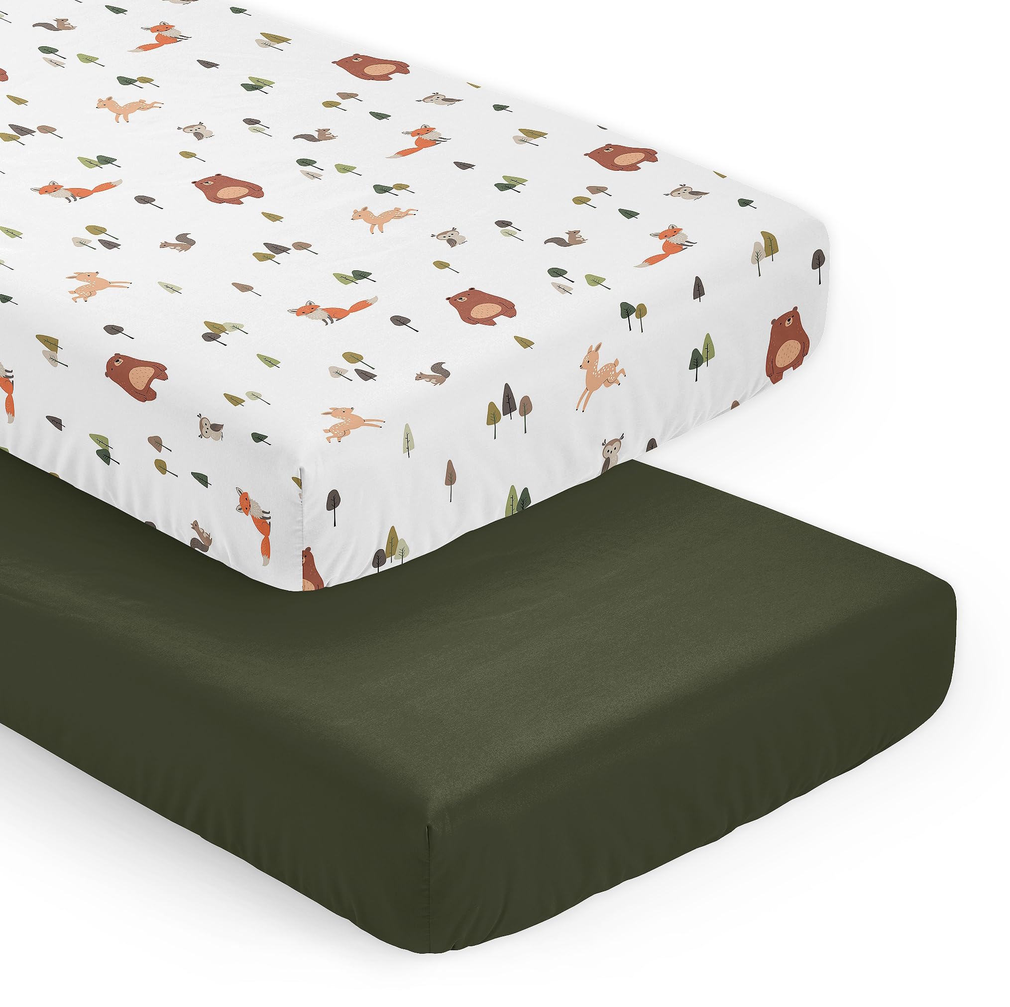 Sweet Jojo Designs 2-Piece Baby Crib Sheets Set (Woodland Animals) for Girls &amp; Boys, Infant Nursery, Toddler Room - Fitted, Standard Size (Solid Green and Watercolor, Forest Animal Friend, Brown Bear)