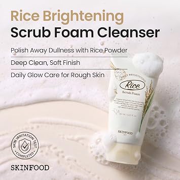 SKINFOOD Rice Daily Scrub Foam, Facial Cleanser with Face Scurb, Face Wash Fermented White Rice Bran Water, Gentle Exfoliating For Men and Women (150ml, 5.07 fl. oz.)