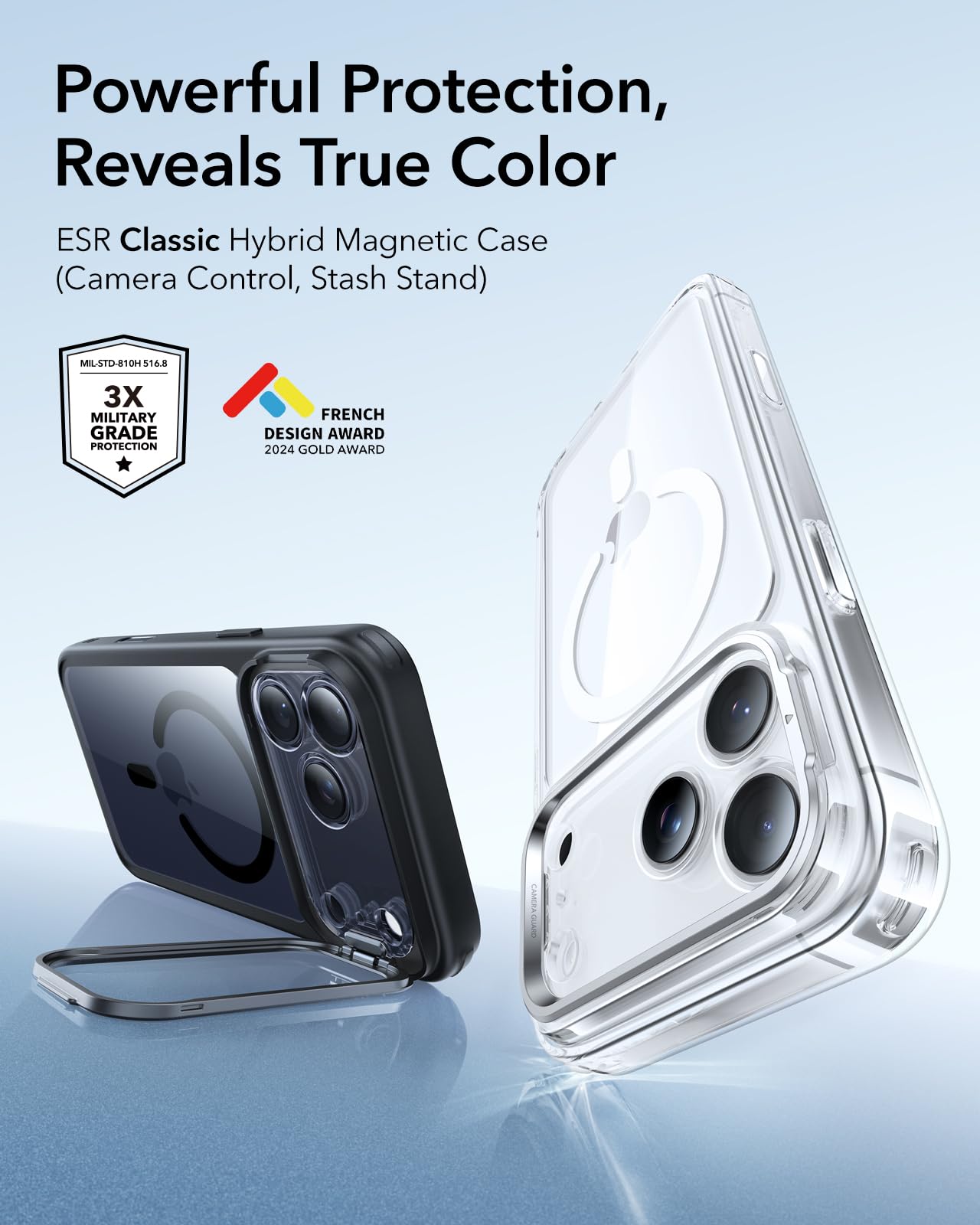 ESR Cover per iPhone 17 Pro Max, Controllo della fotocamera, Compatibile con MagSafe, Supporto integrato, Protezione di livello militare, Retro resistente ai graffi, Serie Classic, Nero Trasparente