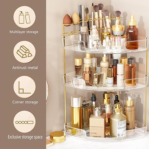Miniatura 6 de FELIZHOUSE Organizador de maquillaje de 3 niveles para tocador y encimera de baño, estante de almacenamiento de acrílico con bandeja de perfume y