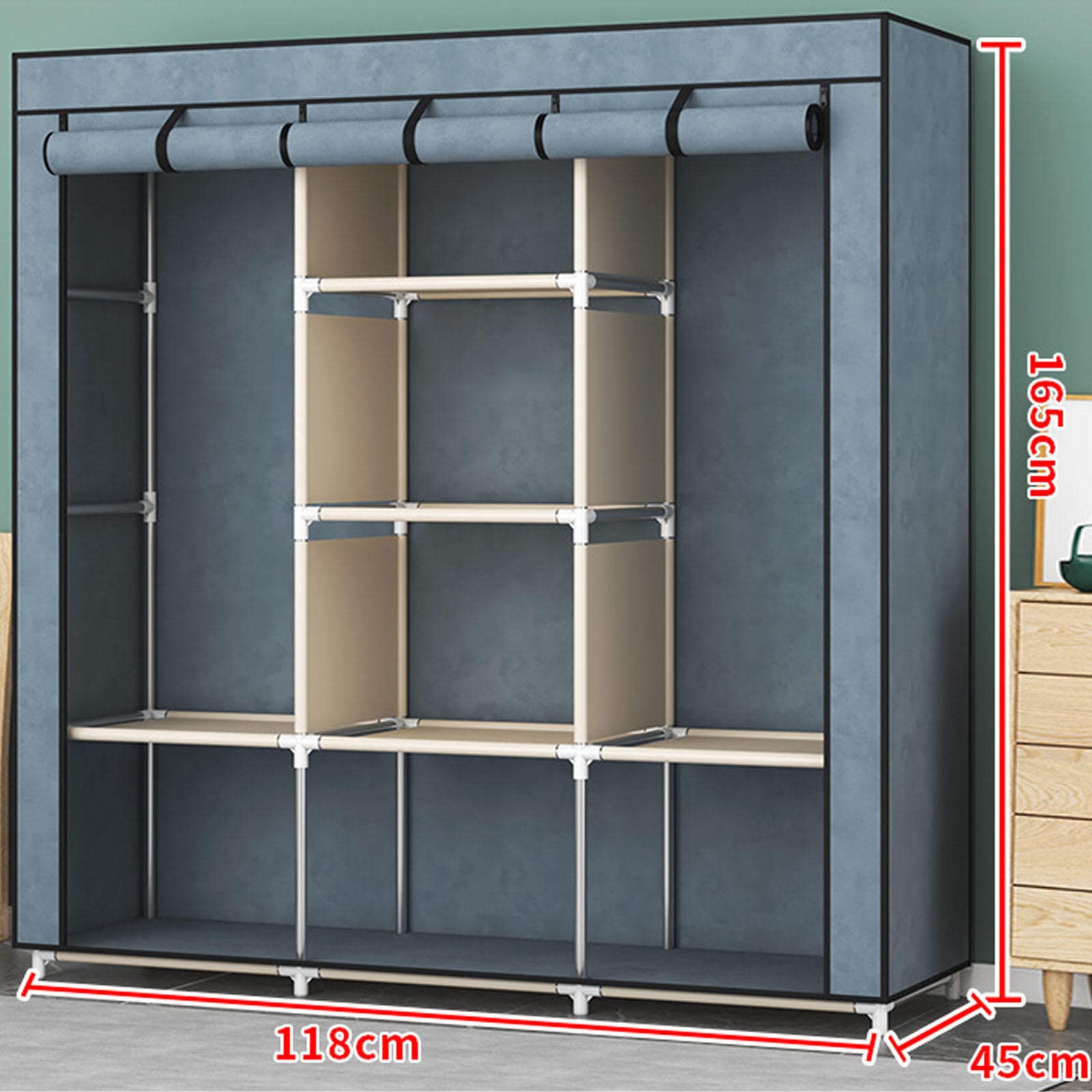 Kleiderschrank, tragbarer Kleiderschrank aus Segeltuch, Stoff-Kleiderschrank, Aufbewahrungsorganisator mit Kleiderstange, Regale, für Schlafzimmer, Wohnzimmer,C-118x45x165cm