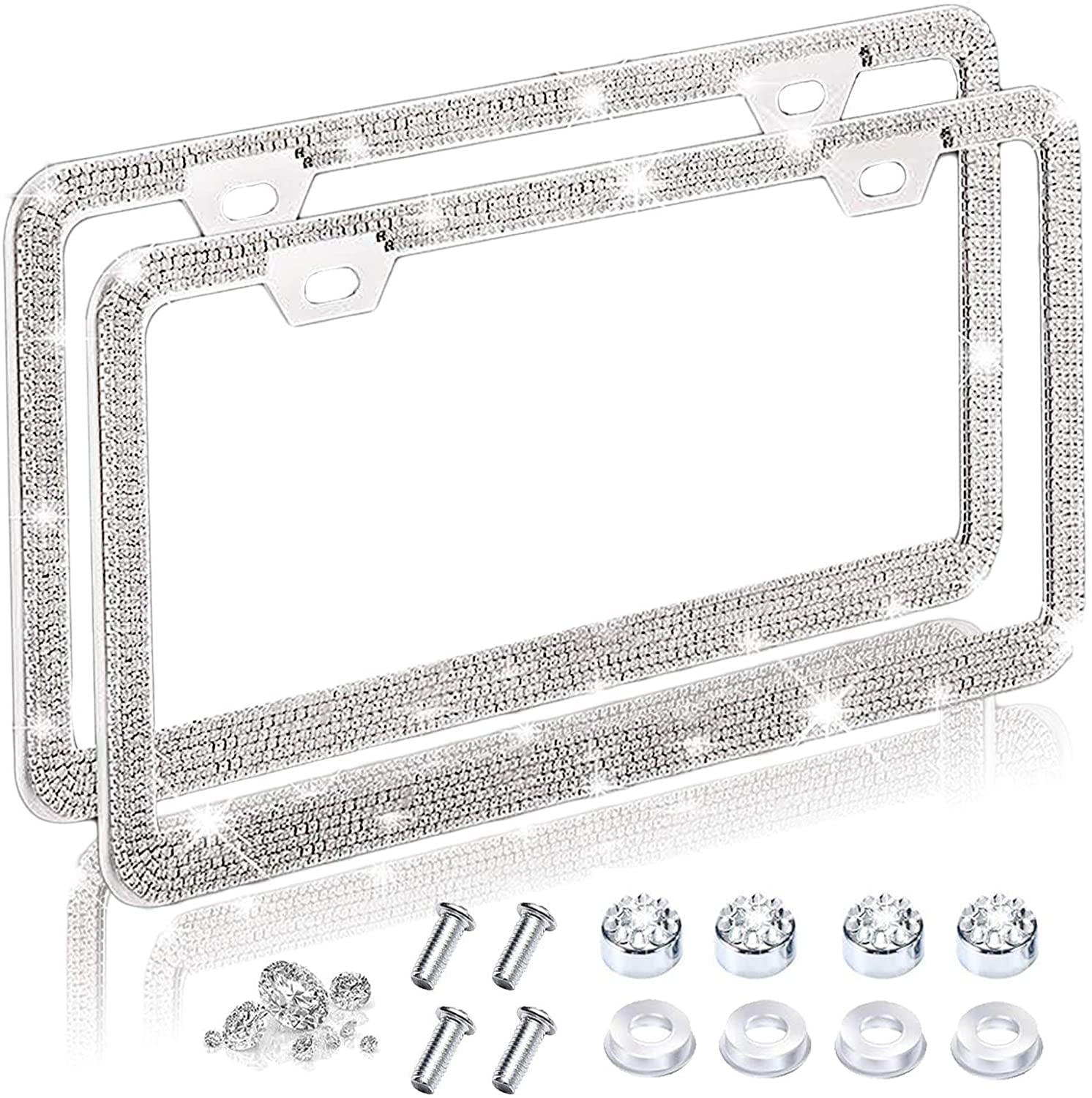 AZISEN【2 Pack】Bling License Plate Frame - Sparkly License Plate Holder, Lastingly License Plate Frame for Women, Stainless Steel & Obstruction-Free Car Accessory with Multifaceted Rhinestones，WHITE