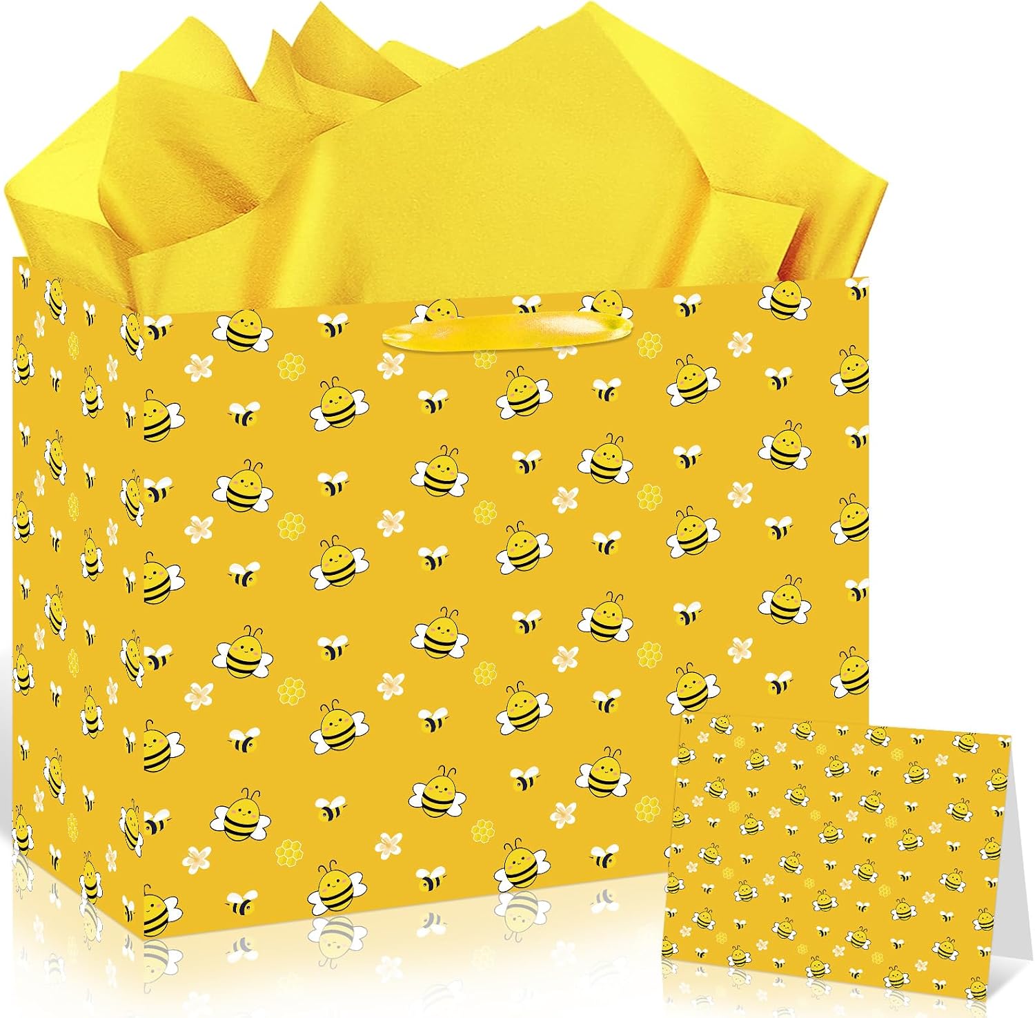 Large Bee Gift Bag with Tissue Paper and Greeting Card Cartoon Bee Birthday Baby Shower Party Treat Candy Bags with Handle Bumble Bees Gift Wrapping Paper Bags for Girls Boys Themed Party Supplies