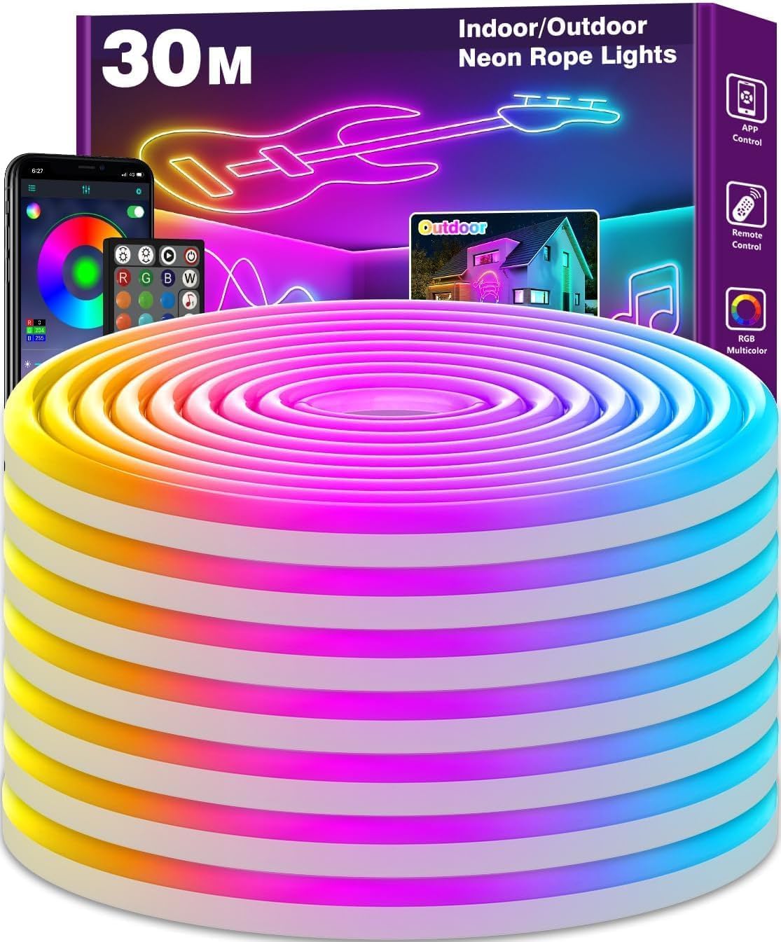 LETIANPAI Neon LED Strip 6M, Flexible LED Strips, Control with App/Remote, Multiple Modes, Waterproof, Music Sync Gaming Strip Lights for Bedroom Indoor, Outdoor RGB Neon Lights