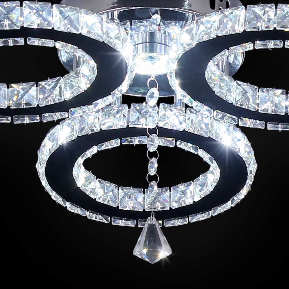 Lámpara de techo colgante de cristal LED de 13 x 3.5 pulgadas,3 anillos, lámpara de araña de cristal, montaje empotrado, accesorio de iluminación para dormitorio pasatiempo sala de estar