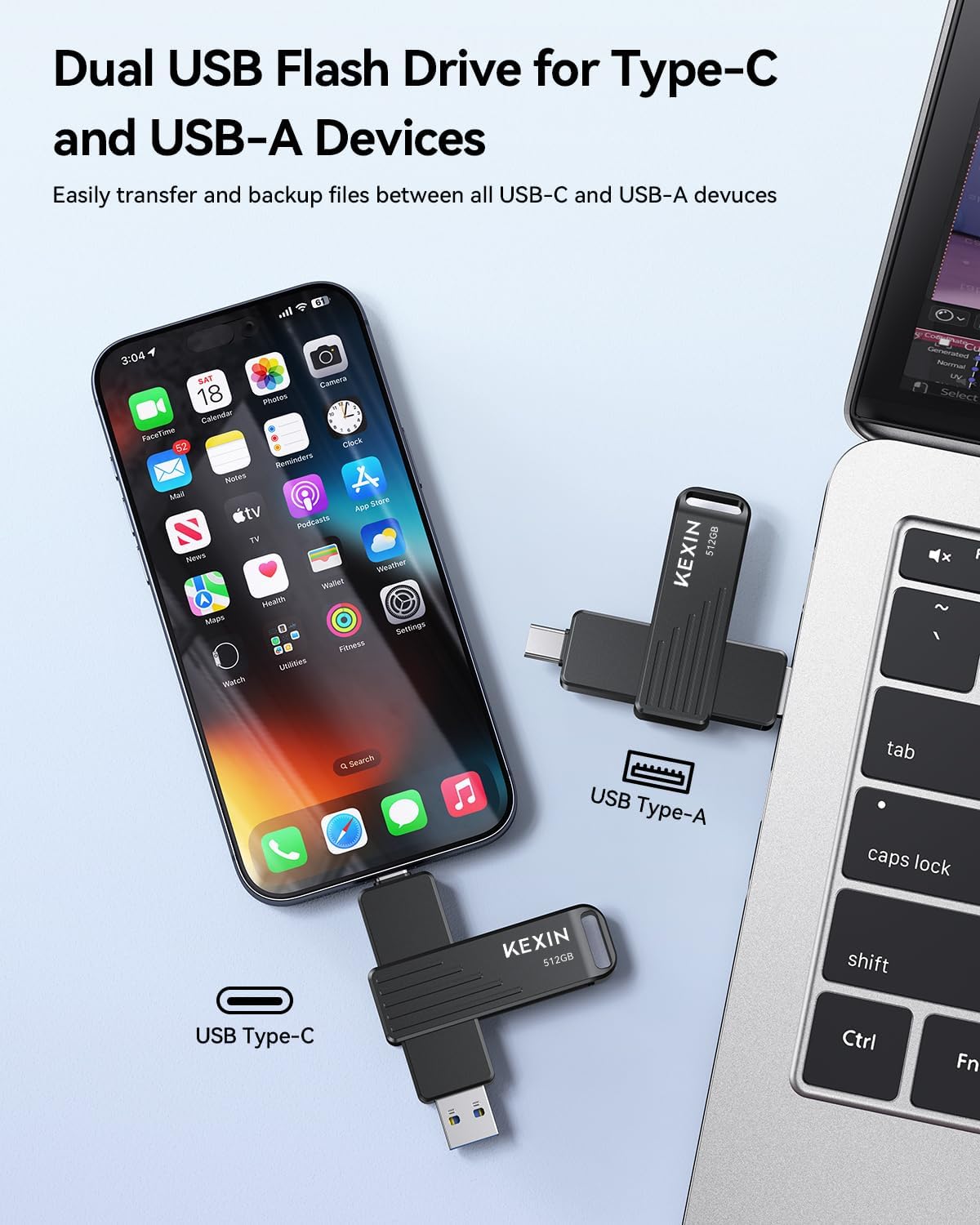 KEXIN 512GB USB C Flash Drive up to 1000MB/s Dual Thumb Drive 512G with Type-C and USB-A Connectors USB 3.2 Gen 2 USB Drive Swivel Memory Stick for iPhone 15/16/17, Smartphone, Tablet, Laptop