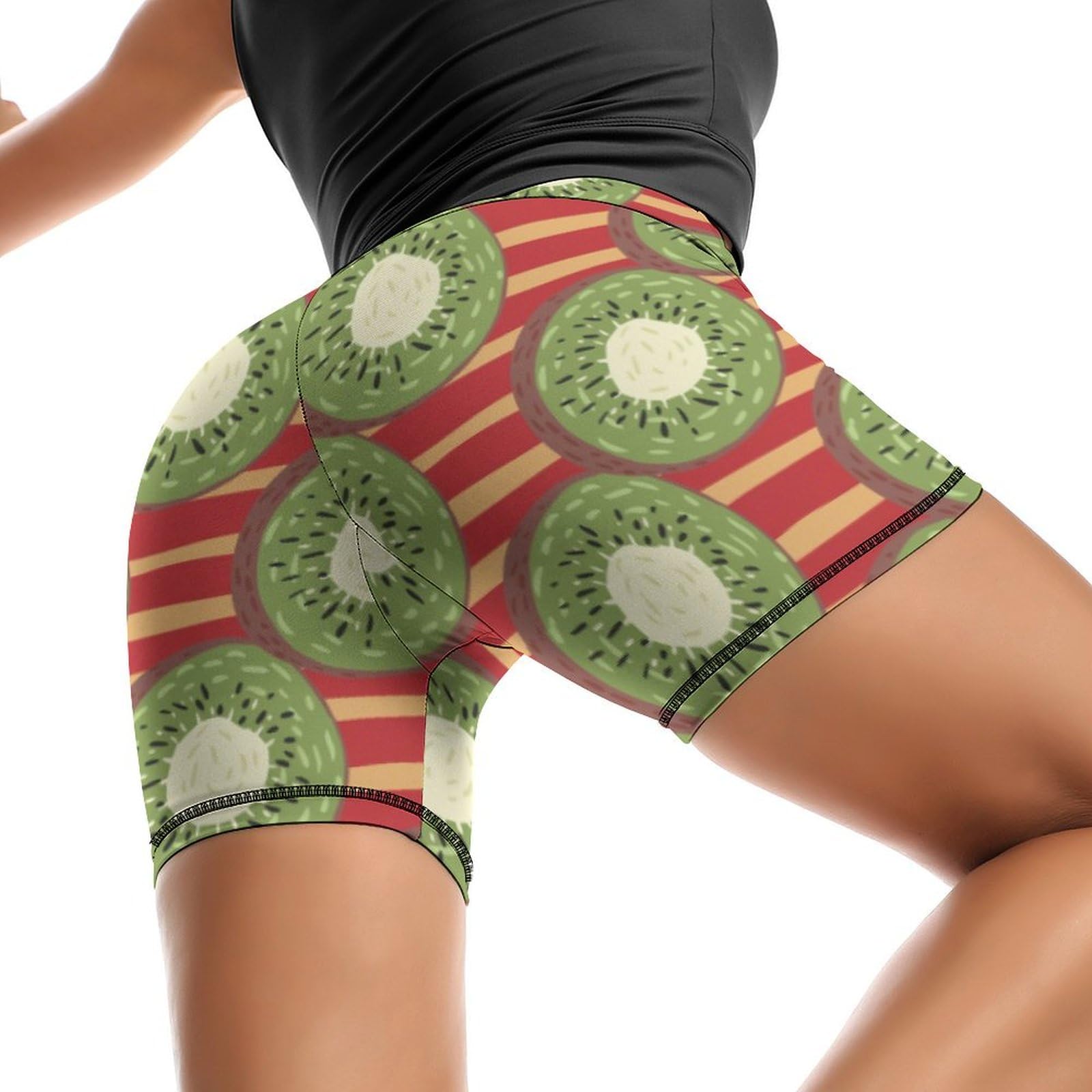 Kiwi Fruit Red Stripe Pattern High Waist Yoga Shorts for Women Athletic Shorts Leggings Running Pants