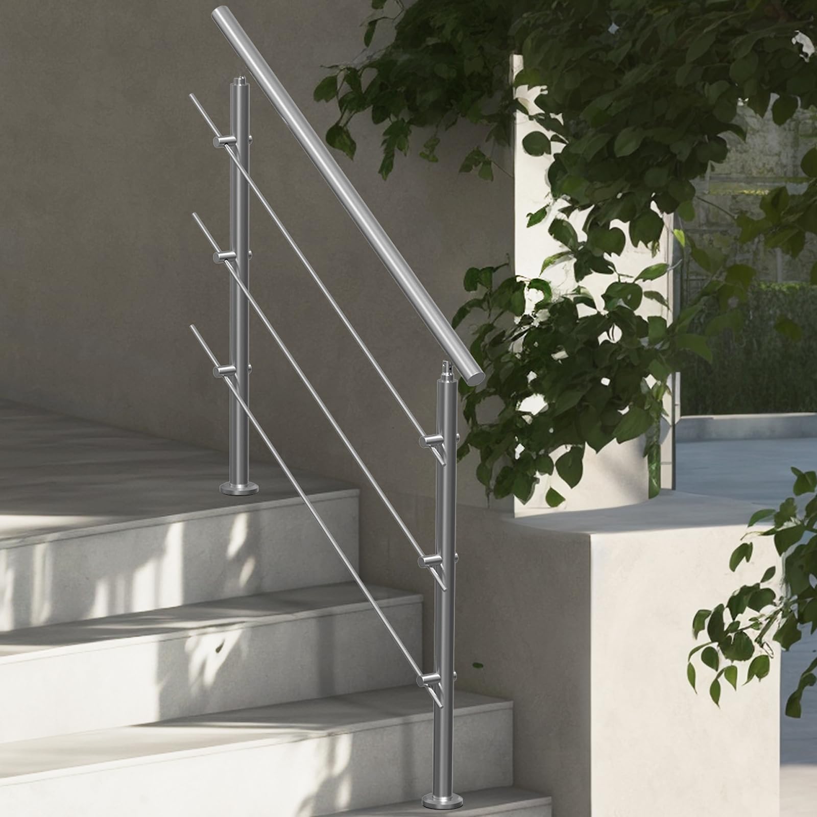 VEVOR Corrimano per Gradini Esterni, Kit Corrimano per Scale 3 Traverse 120 cm Lunghezza, Ringhiere Transizione Acciaio Inox Kit Installazione, Corrimano Scale Doppia Colonna per Veranda e Terrazza