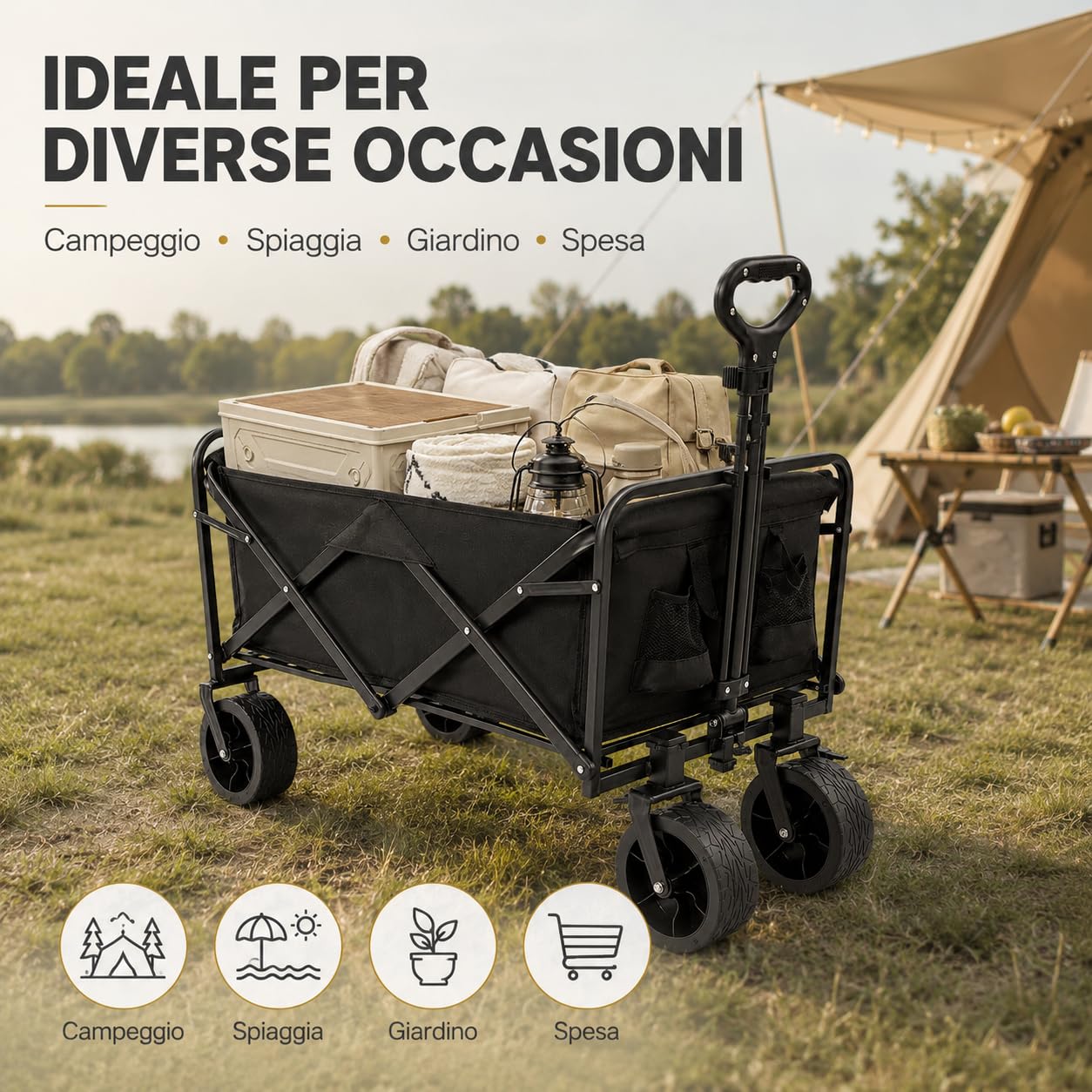 Carrello pieghevole, 115 kg, con due freni anteriori e tasche laterali