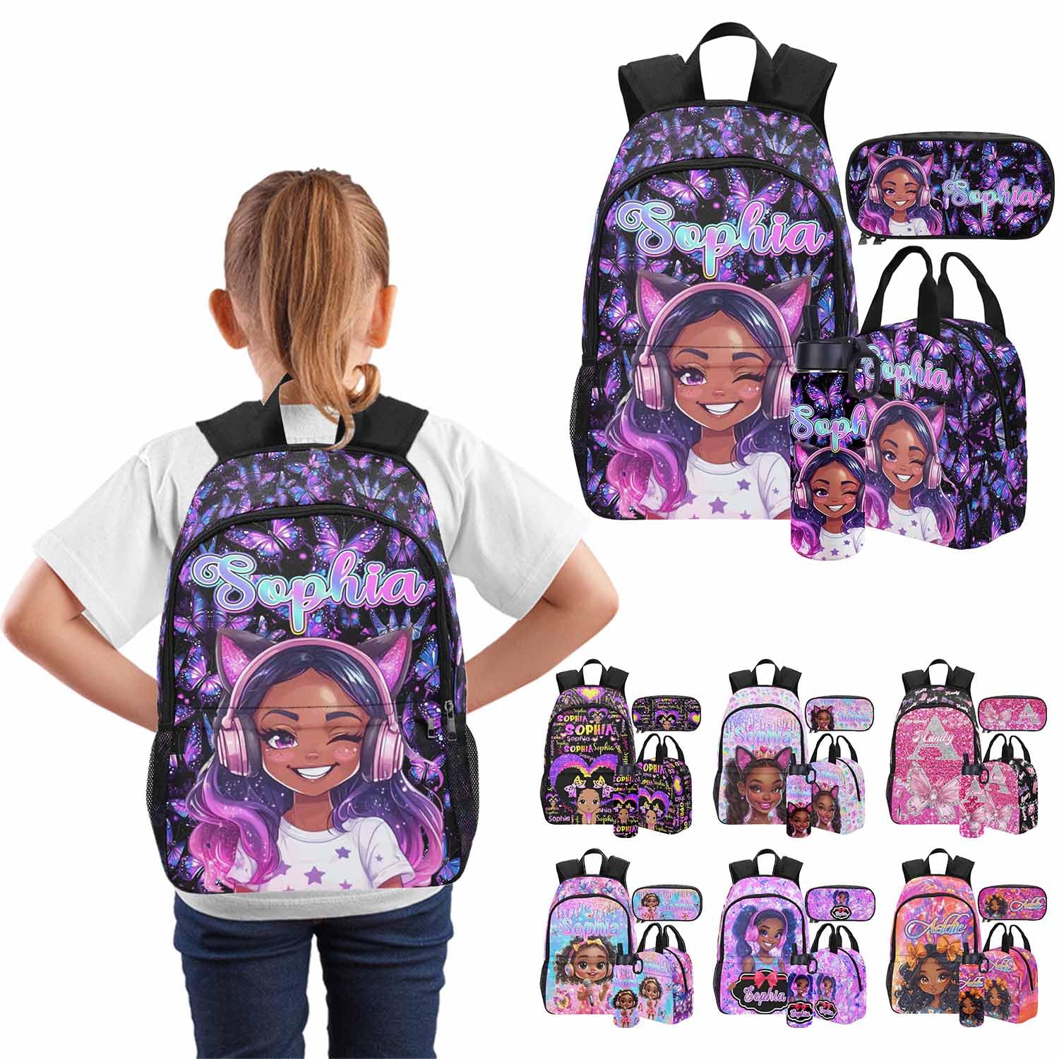 Custom Backpack with Name for Kids Girls-Personalized Toddler Backpacks with Lunch Box Set-Customized Back to School Bookbag Butterfly Black Girl