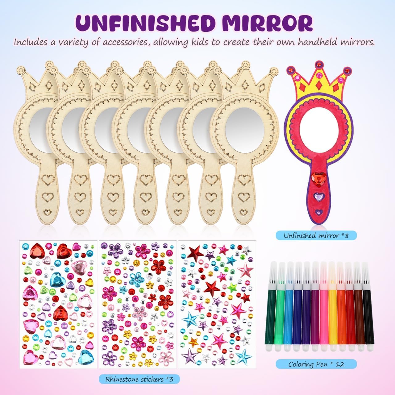 Toddmomy 8 Pack Wooden Mirror Craft for Kids, Crown Shape DIY Princess Mirror Kit with 12 Coloring Pens & 3 Rhinestone Stickers for Birthday Party Favors Art Activities