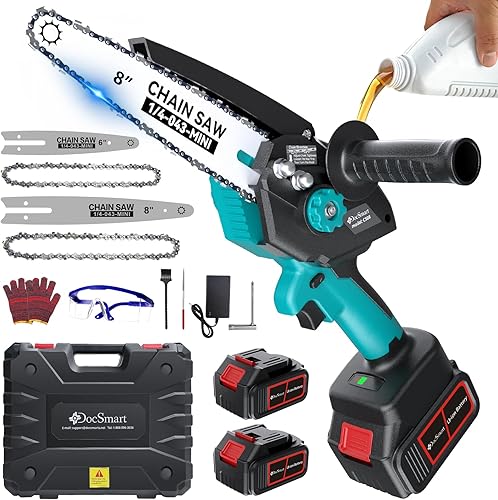 DocSmart Mini Motosierra Inalámbrica, Sierra Eléctrica de Cadena de 8 y 6 pulgadas con 2 Baterías de 4000mAh, Sierra de Mano Alimentada por Batería