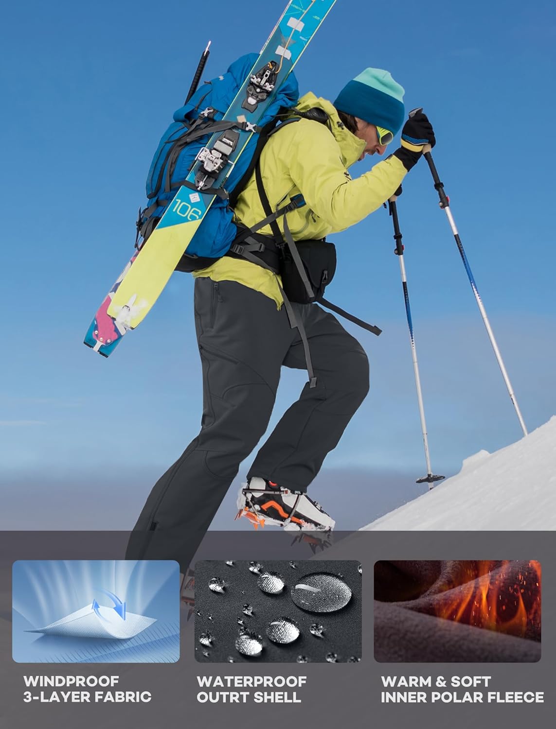 Stlight Mens Snow Ski Water Repellent Softshell Pants for Winter Hiking Fleece Lined Bottom Leg Zipper with 6 Zip Pockets - Image 3