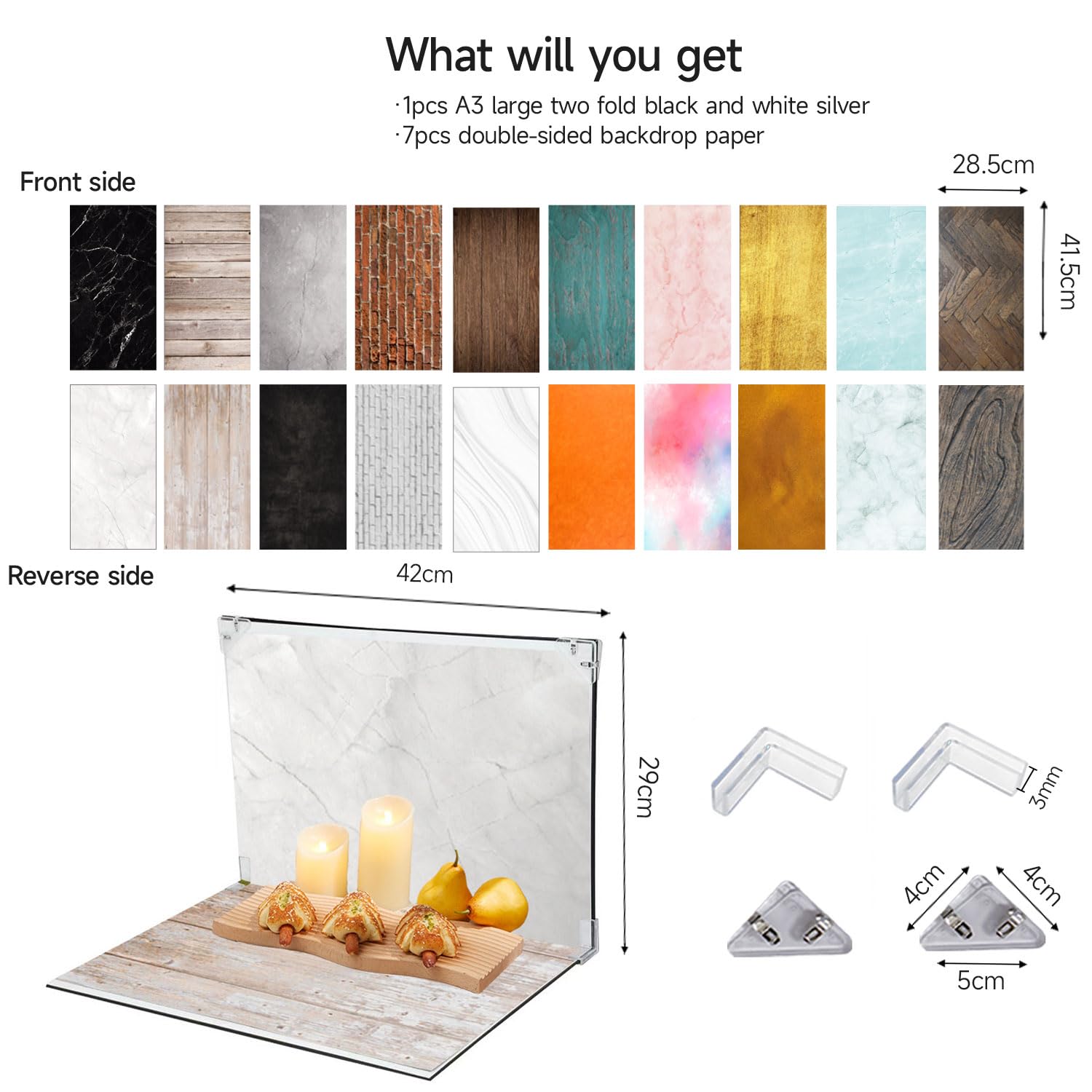 Lot de 10 Toiles de Fond pour Photographie - 30 x 40 cm - Papier de Fond Double Face - 20 Motifs - Carton Réfléchissant pour Aliments, Bijoux - avec Sac de Rangement