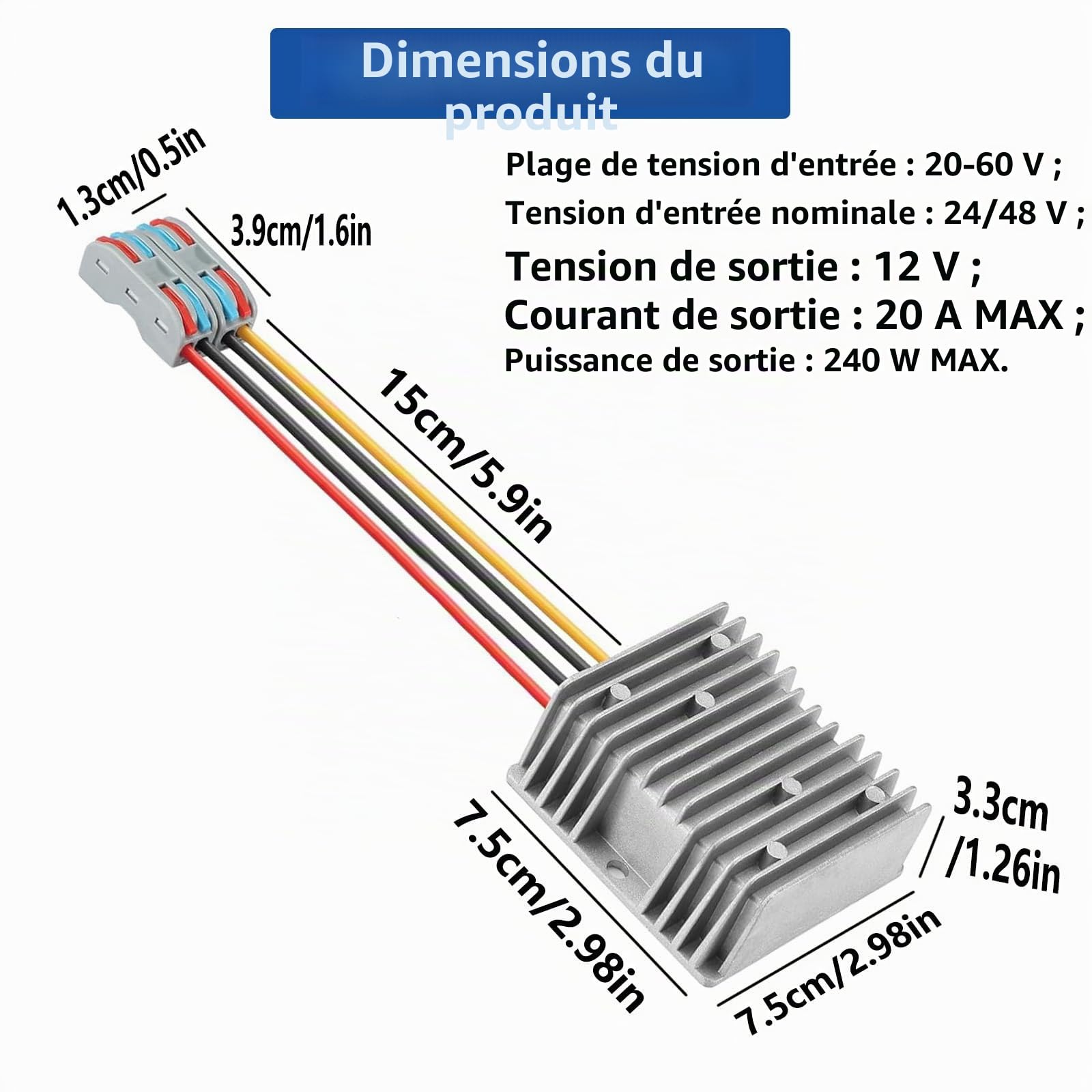 DC 20-60V réducteur de Tension à 12V 20A 240w DC convertisseur Convient à l'équipement de réduction de Tension étanche sur Les Chariots de Golf et Les Chariots élévateurs.