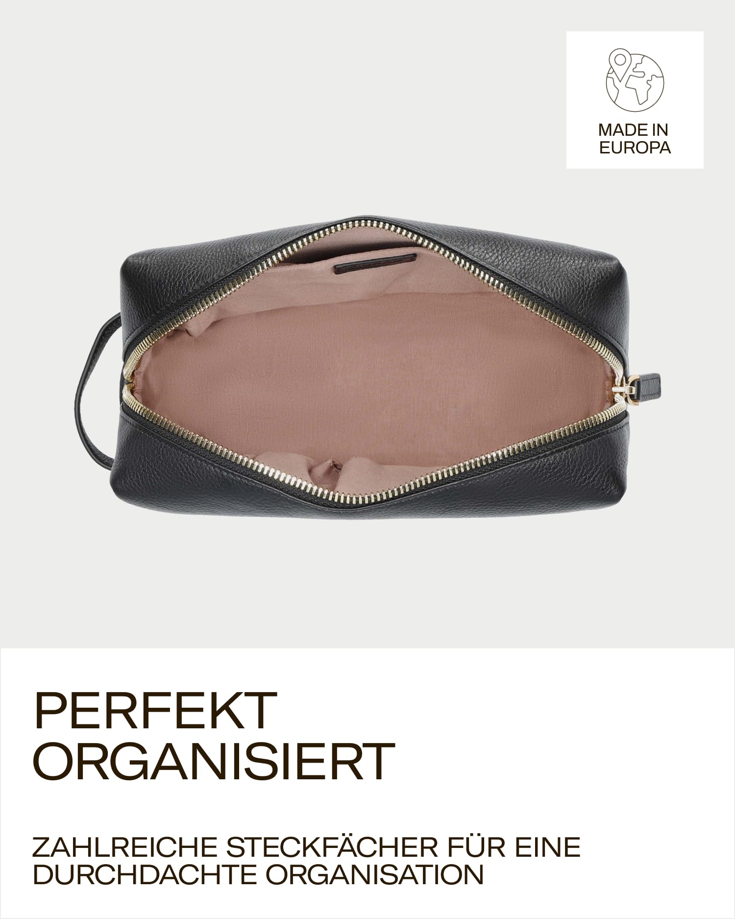 PICARD Kulturbeutel Java R259 Schwarz | Kulturtasche aus hochwertigem Rindsleder | Übersichtliche Organisation durch Steckfächer | Weites Öffnen durch umlaufenden Reißverschluss | Goldende Details