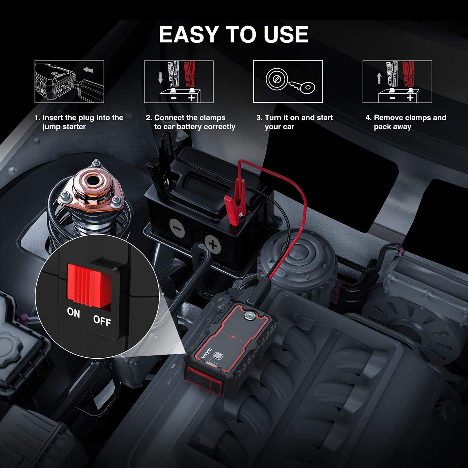 2000A Jump Starter Power Bank 12V Energía Inteligente Pantalla Digital Cargador Portátil Dispositivo de Arranque para Batería de Repuesto de Coche de Emergencia 6.0L / 4.0L,22000mAh