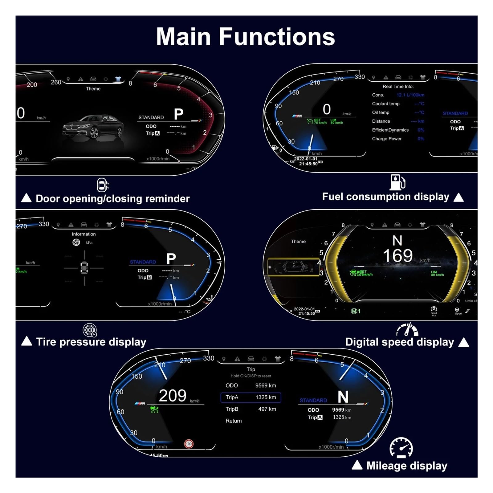Panel de instrumentos digital compatible con BMW X5 E70 X6 E71 (2006-2013) CIC Velocímetro Pantalla HD de 12,3" 1920 * 720/2S Arranque rápido/Plug&Play