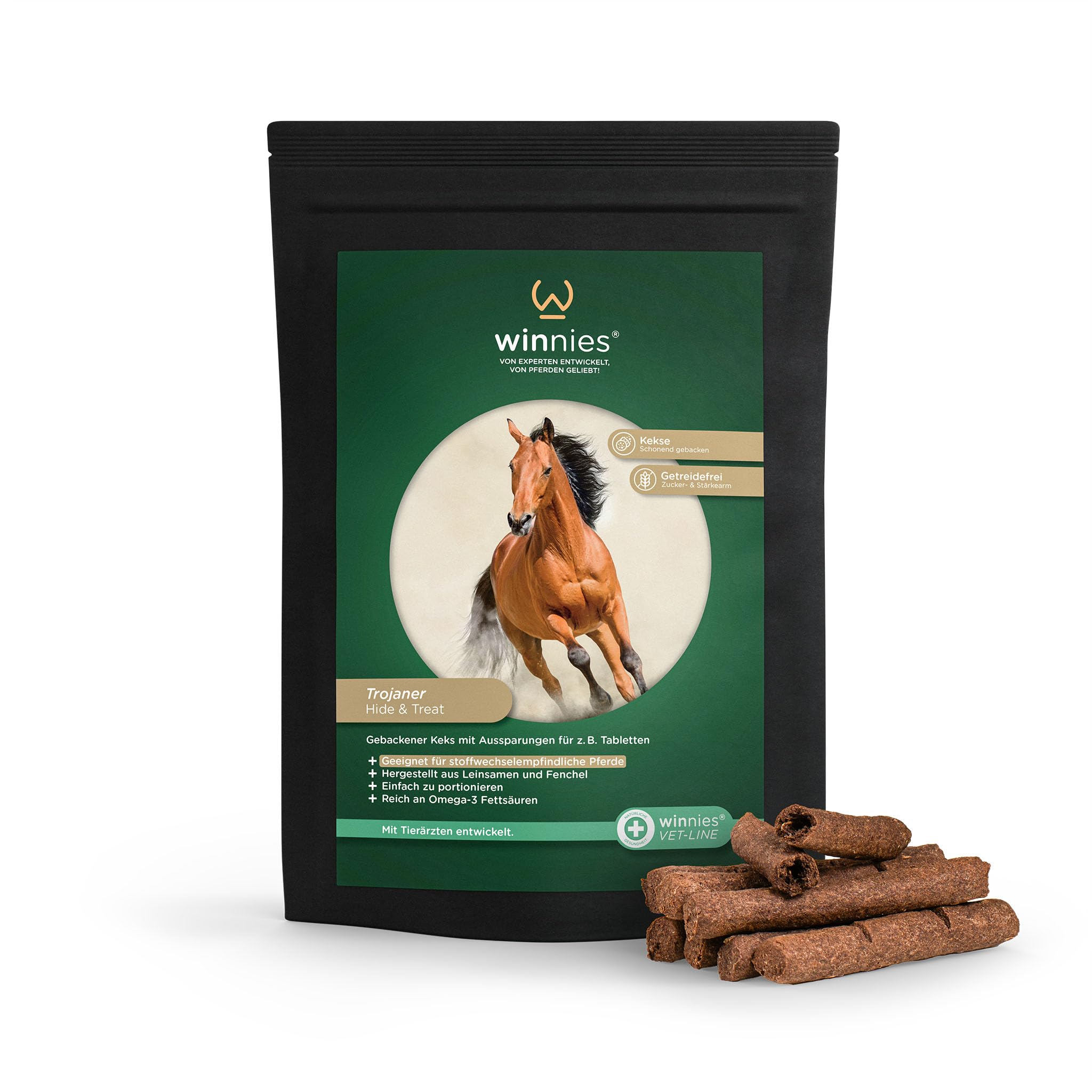 winnies® Trojaner Tabletten-Versteck für Pferde – gebackener Leinsamen-Fenchel-Stick mit Tablettenkammer – stressfrei – getreidefreies Ergänzungsmittel – ideal bei PPID/Cushing – 500 g