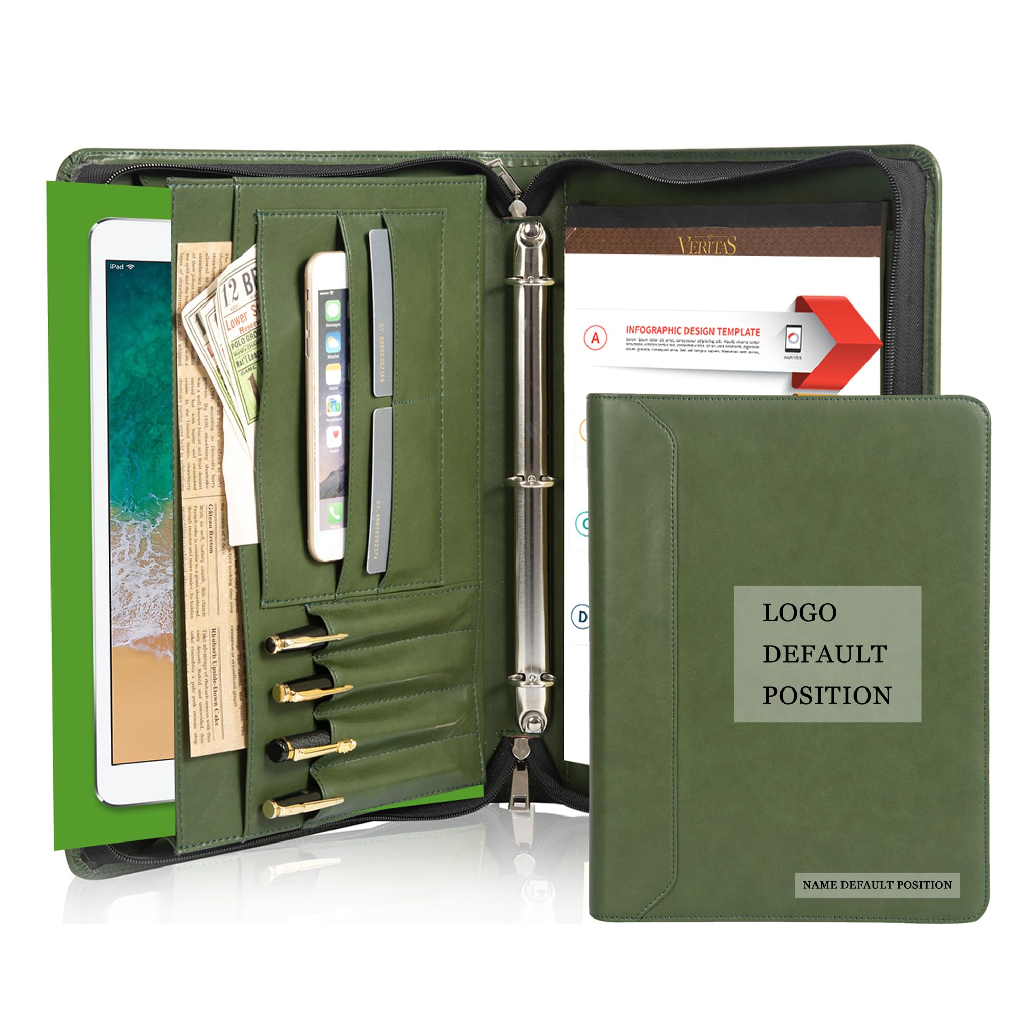 Free Engraved Name, 3 Ring Binder Padfolio, Vegan Leather Portfolio with a4 Clipboard, 3 Ring Padfolio A4 Organizer, Resume Planner, Green, Gift for