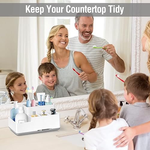 Miniatura 19 de Porta cepillos de dientes para baños, compartimento organizador de encimera de baño de plástico, bandeja organizadora de tocador, caja organizadora