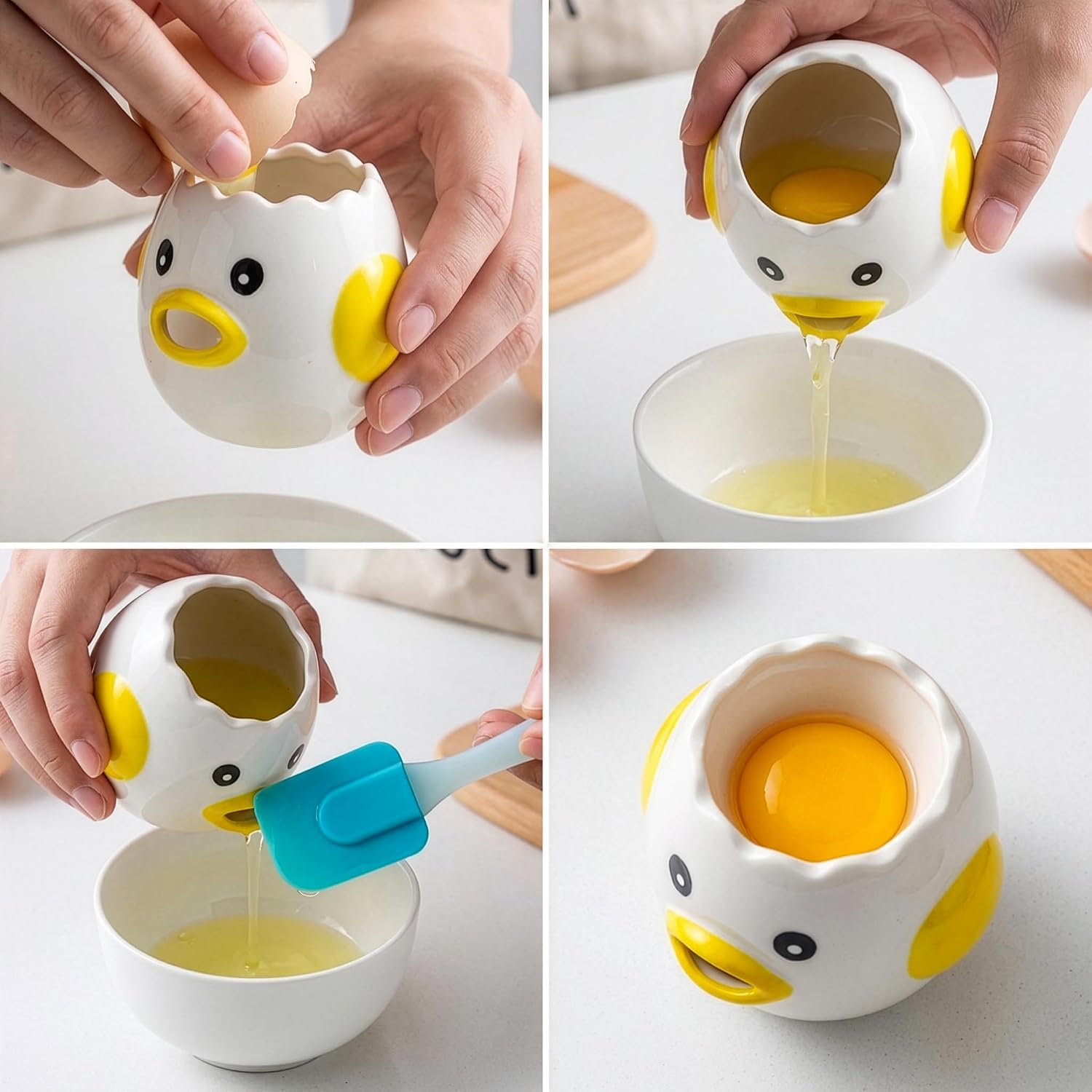 Upgraded 2X Faster Egg Separator Set, 2 Ceramic Chick Separators with 2 Silicone Flow-Assist Scraper, Fast Egg White/Yolk Separation for Efficient Kitchen Prep