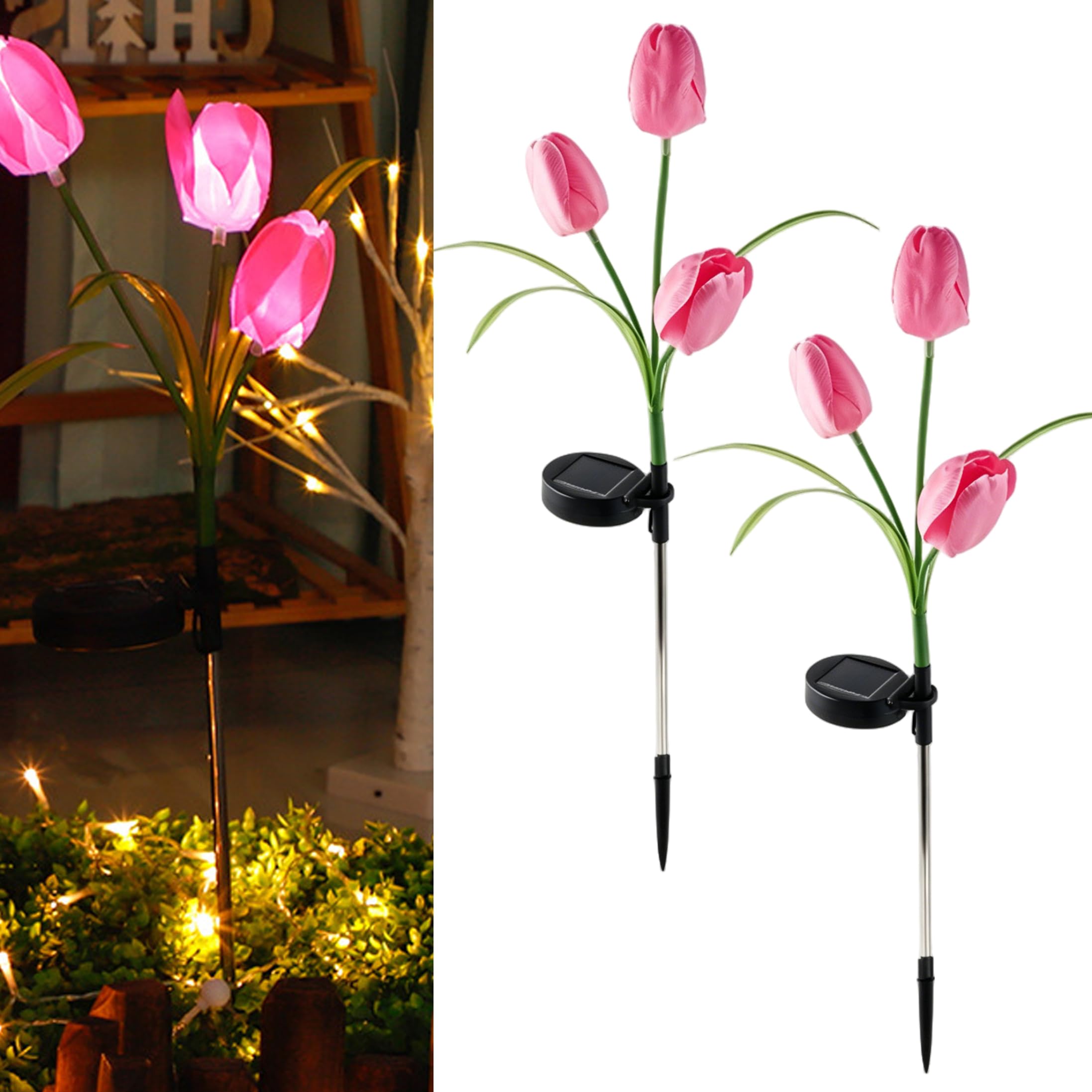 Hperu 2 Pack Solar Flower Lights Outdoor Waterproof Solar Flower Garden Lights Light Up Tulips for Garden Yard Decorations, Rose