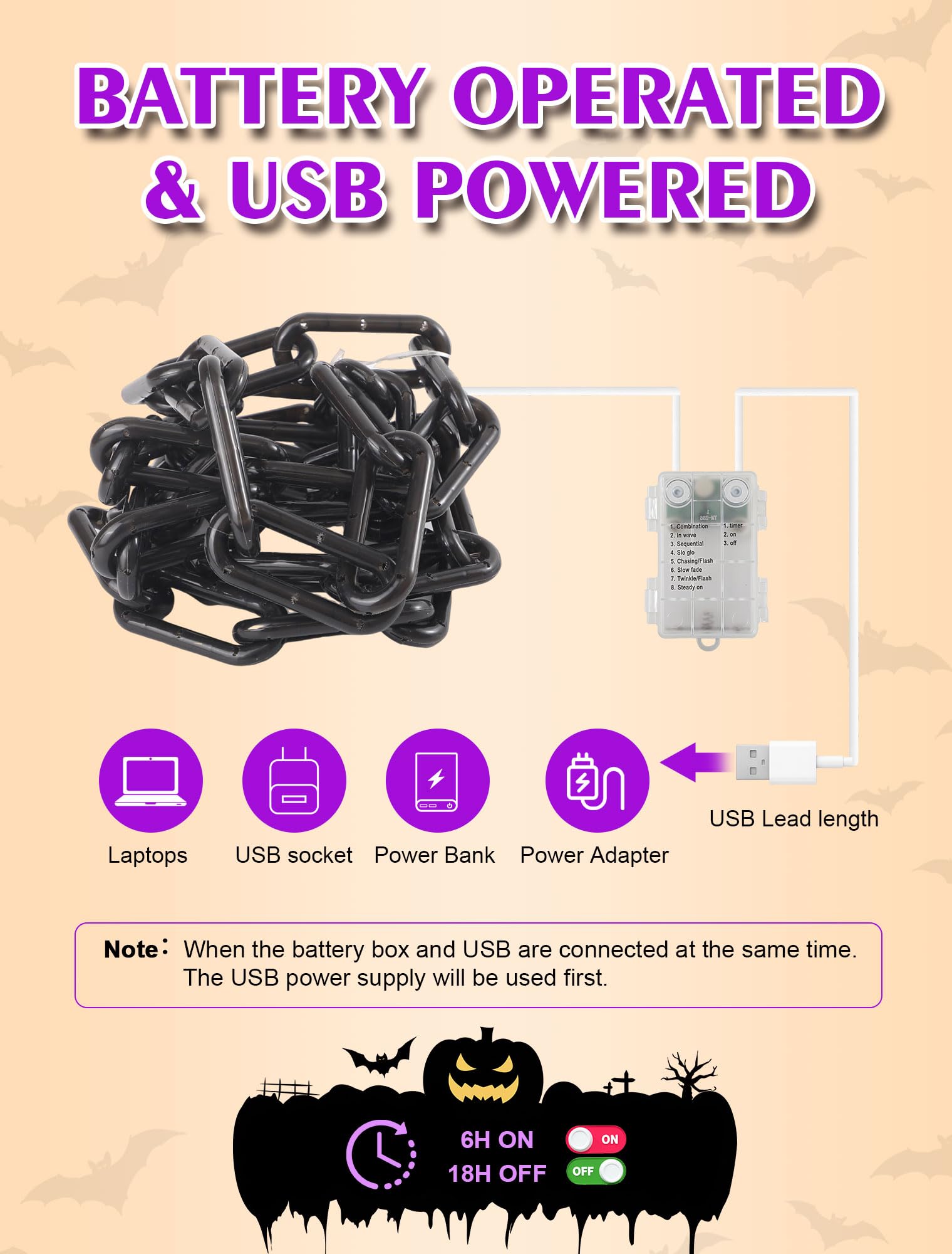 Catena di luci in plastica da 3 m per decorazioni di Halloween, USB e batteria, 175 luci a LED con timer, luce viola, 8 modalità impermeabili, per Halloween, interni ed esterni, decorazione per