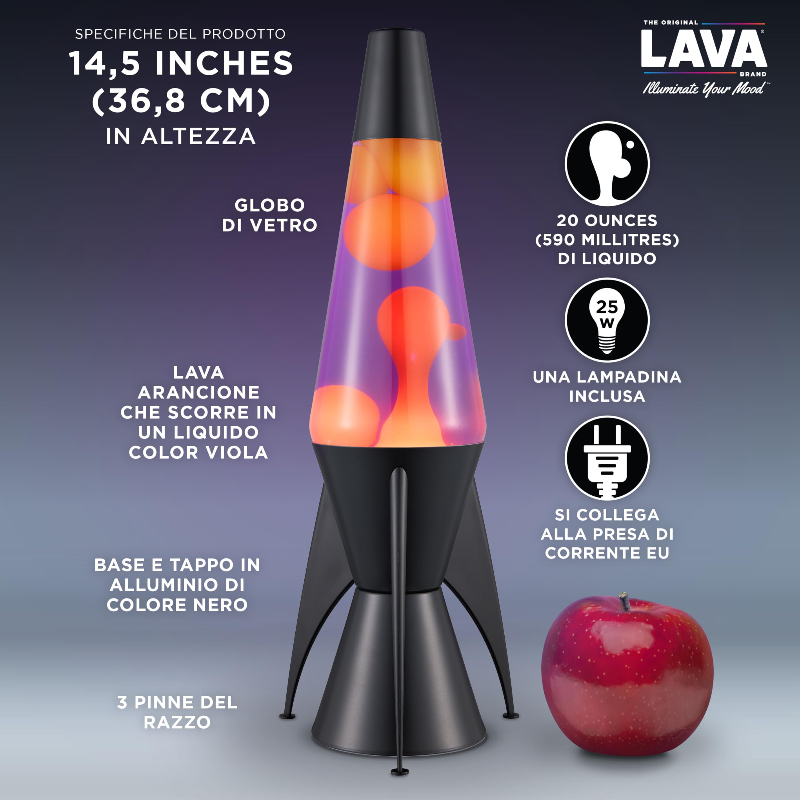 LAVA® - Lampada Lava Evenfall Rocket 2391, cera gialla, liquido viola, base decorativa, cappuccio e alette del razzo, lampada lava originale a marchio LAVA® da 14,5 pollici