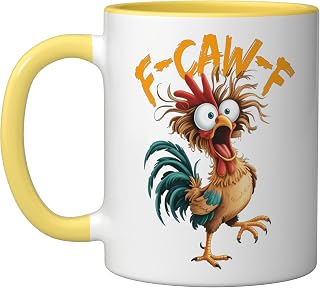 F-Caw-F Funny Chicken Humor F-Caw-F Quote Rooster Meme Ceramic Mug, Yellow/White