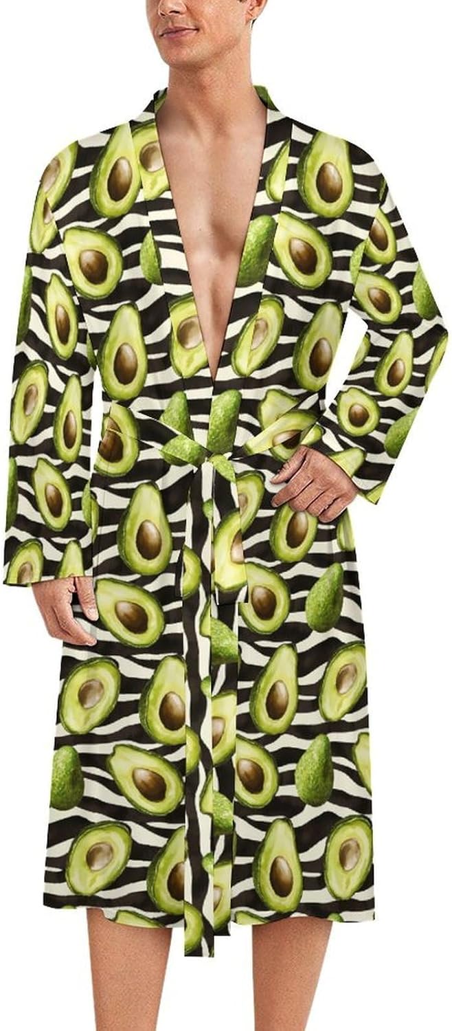 Avocado Zebra Stripes Pattern Mens Robe Long Bathrobe for Women Bath Robes Lightweight Soft Printed Sleepwear