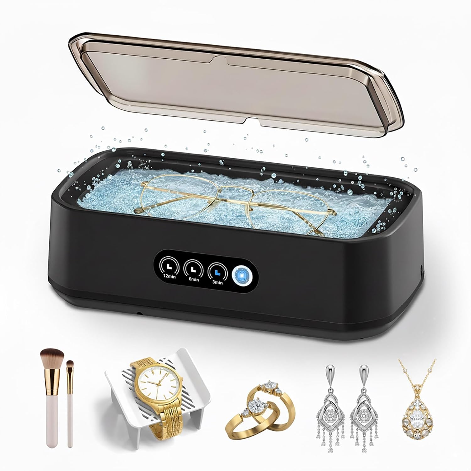 Ultrasonic Jewelry Cleaner, 49 kHz, 650 mL Tank, 3 Timer Settings for Rings