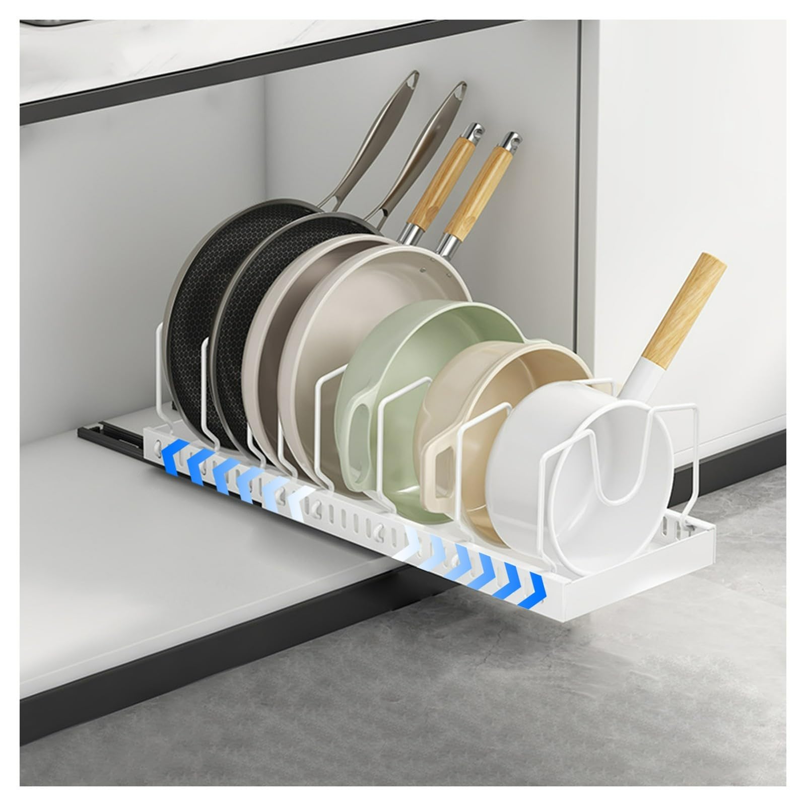 Erweiterbarer Geschirrständer für Töpfe und Pfannen, verstellbarer Deckelhalter, Unterspüle, Topfständer, 10 individuelle Trennwände (Breite 41,9 - 52,8 cm), Weiß