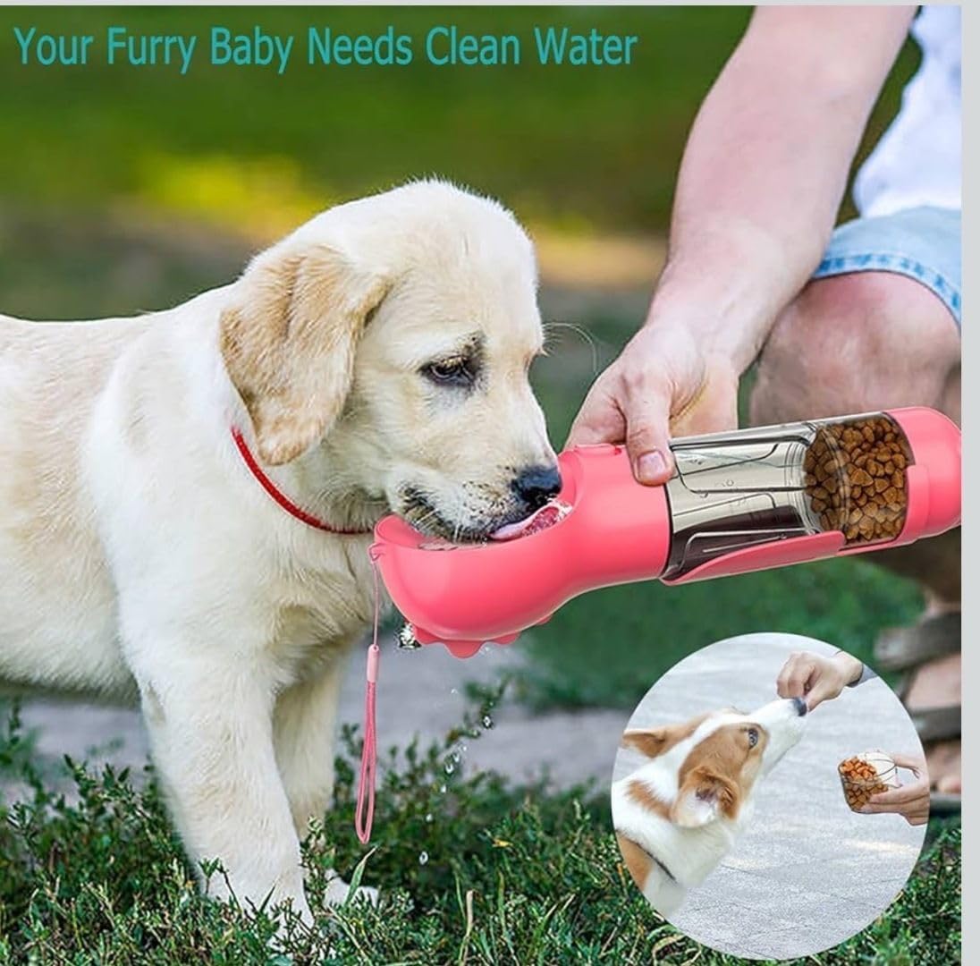4-in-1 Portable Pet Water Bottle with Food Storage, Poop Bag Dispenser and Spoon for Dogs and Cats, Pink, 300ml