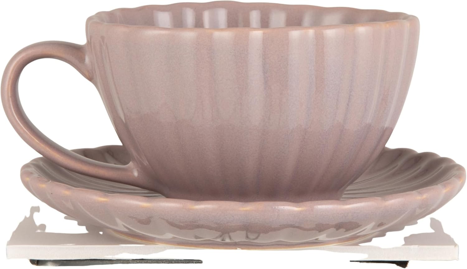 Creative Co-Op 10-Ounce Stoneware Ribbed Mug with Saucer in Reactive Glaze, Lavender Color
